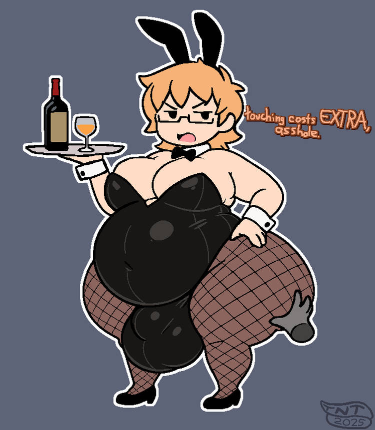 1boy, 2025, 2d, alcohol, artist logo, balls, bottom heavy, bottom heavy femboy, bowtie, bowtie collar, bulge, bunnysuit, color, crossdressing, crotch bulge, dialogue, disembodied hand, drinks, english text, fat, fat ass, fat male, femboy, femboy focus, full color, gay, glasses, groping ass, hand on hip, high heels, huge balls, hyper bulge, leotard, male, male focus, male only, male playboy bunny, moobs, original, original character, overweight male, pantyhose, penis, playboy bunny, pumps, simple background, solo, strapless leotard, tagme, text, thickandtwisted, trap, tray, vulgar, yaoi