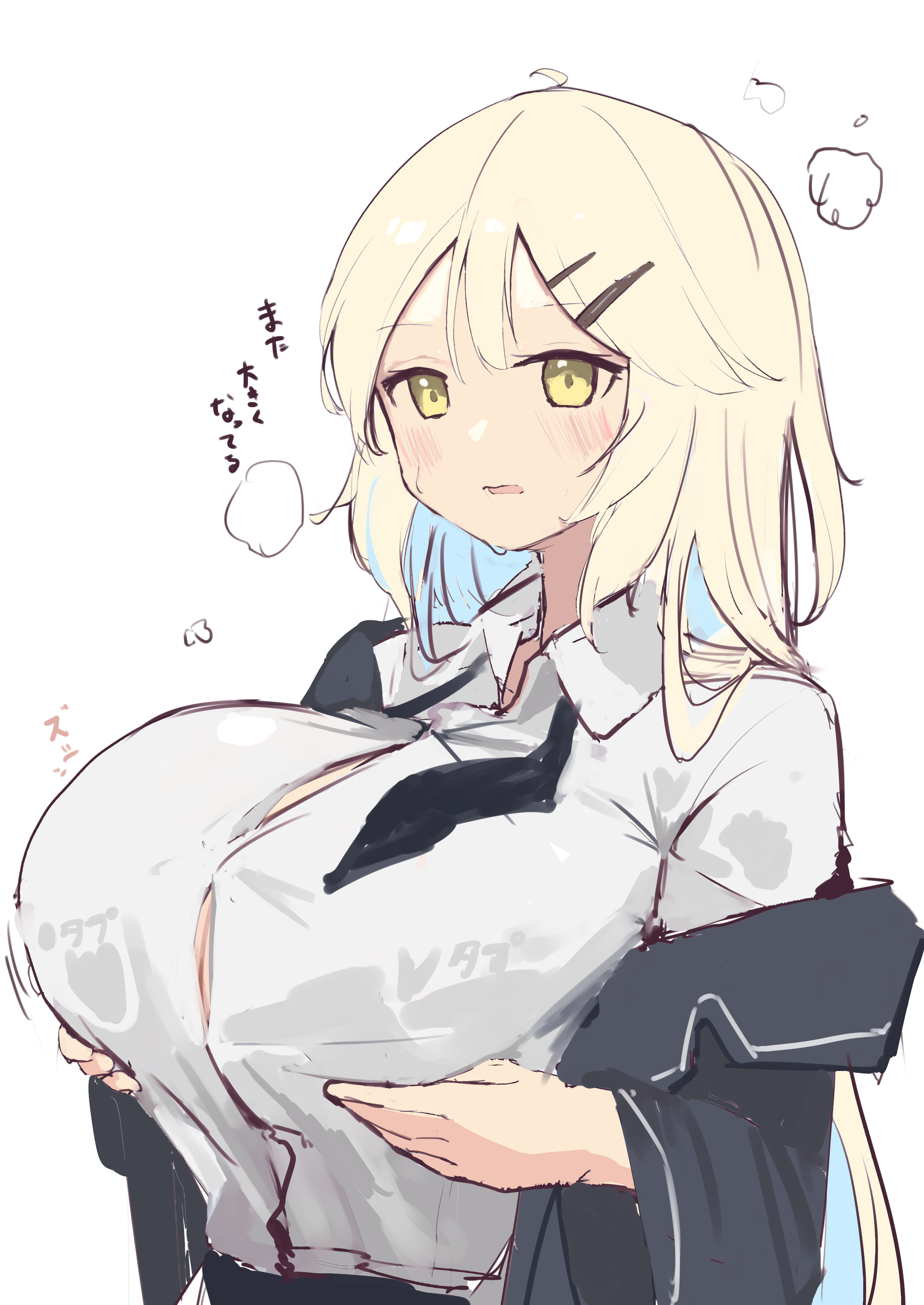 1girls, absurdres, ahoge, black cardigan, black necktie, blonde hair, blue hair, blush, breast expansion, breast growth, breast growth (enlargement), breast lift, breasts, button gap, cardigan, collared shirt, female, female focus, grabbing own breast, hair between eyes, hair ornament, hairclip, heavy breathing, highres, huge breasts, kakurega, long hair, long sleeves, milk tank-chan (kakurega), multicolored hair, necktie, off shoulder, open cardigan, open clothes, open mouth, original, shirt, sidelocks, simple background, solo, streaked hair, sweat, two-tone hair, undone necktie, upper body, white background, white shirt, yellow eyes