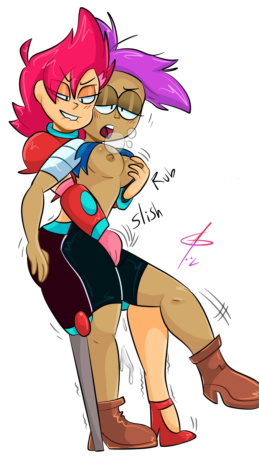 2girls, ahe gao, breast grab, breasts, cartoon network, cum, dark skin, enid, enjoying, female, female orgasm, fingering, hair over one eye, ican-t-get-no-satisfaction, multiple females, multiple girls, ok k.o.! let's be heroes, pegleg, purple hair, red action, red hair, spooning, thick legs, tired, topless, yuri