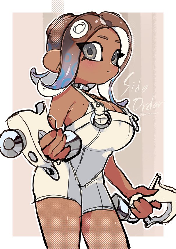 1girls, agent 8 (side order), agent 8 (splatoon), artist signature, big breasts, blush, blushing at viewer, breasts, brown hair, busty, cleavage, doro mizu 831, dualies, dualies (splatoon), female, grey eyes, looking at viewer, nintendo, octoling, octoling girl, order dualie replicas, order dualies (splatoon), solo, splatoon, splatoon (series), splatoon 3, splatoon 3: side order, tight clothing
