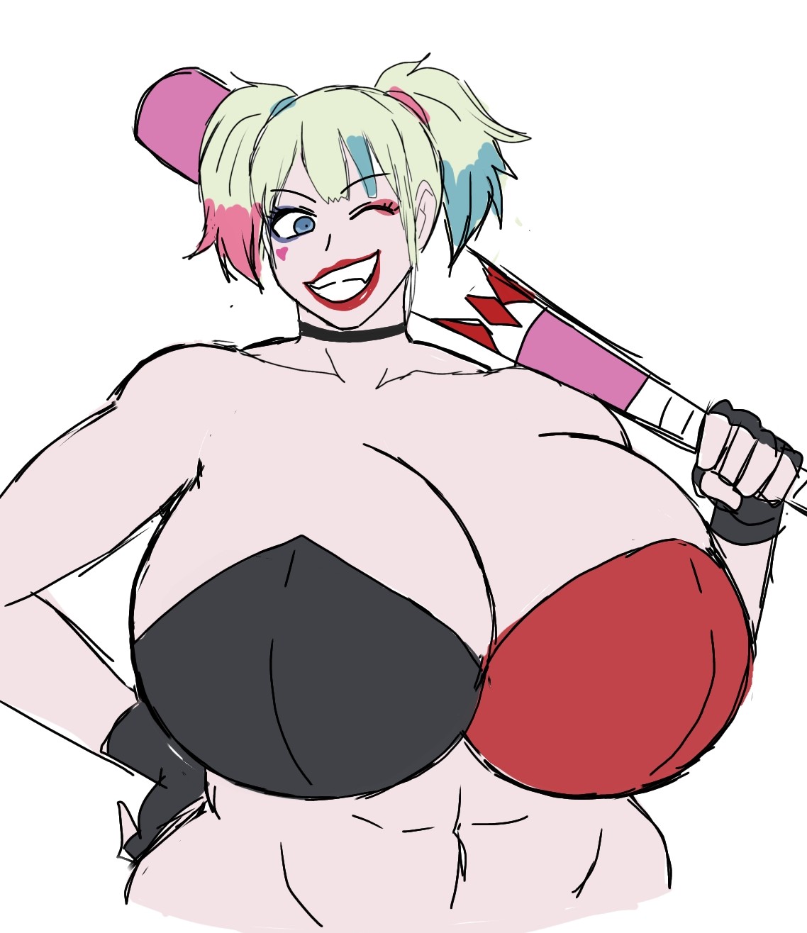 1girls, 2d, 2d (artwork), 2d artwork, aba, abs, alternate body type, alternate breast size, bare shoulders, baseball bat, bat, batman (series), big breasts, blonde hair, blonde-haired female, blue eyes, blue-eyed female, breasts, breasts bigger than head, choker, cleavage, clown, clown girl, dc, dc comics, digital drawing (artwork), digital media (artwork), enormous breasts, female, female only, fingerless gloves, gigantic breasts, harleen quinzel, harley quinn, harley quinn (suicide squad isekai), huge breasts, large breasts, massive breasts, momiji (artist), pale skin, pale skin female, pale-skinned female, solo, solo female, suicide squad, suicide squad isekai, twintails, twitter link, white background, white female, wink, winking, winking at viewer
