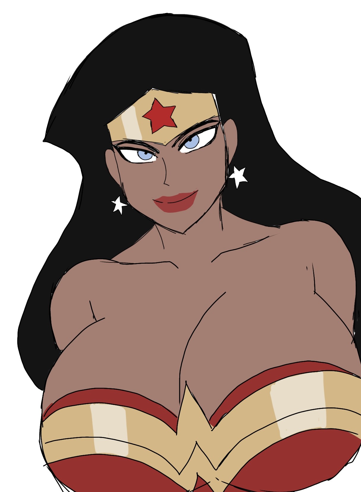 1girls, 2d, 2d (artwork), alternate body type, alternate breast size, amazonian, bare shoulders, big breasts, black hair, black-haired female, blue eyes, blue-eyed female, breasts, breasts bigger than head, busty, busty female, curvy, curvy body, curvy female, curvy figure, dc, dc comics, dcau, digital drawing (artwork), digital media (artwork), female, female focus, female only, huge breasts, justice league unlimited, kissable lips, large breasts, mature, mature woman, momiji (artist), red lips, simple background, smile, smiling, smiling at viewer, solo, solo female, solo focus, superheroine, upper body, white background, wonder woman, wonder woman (dcau)