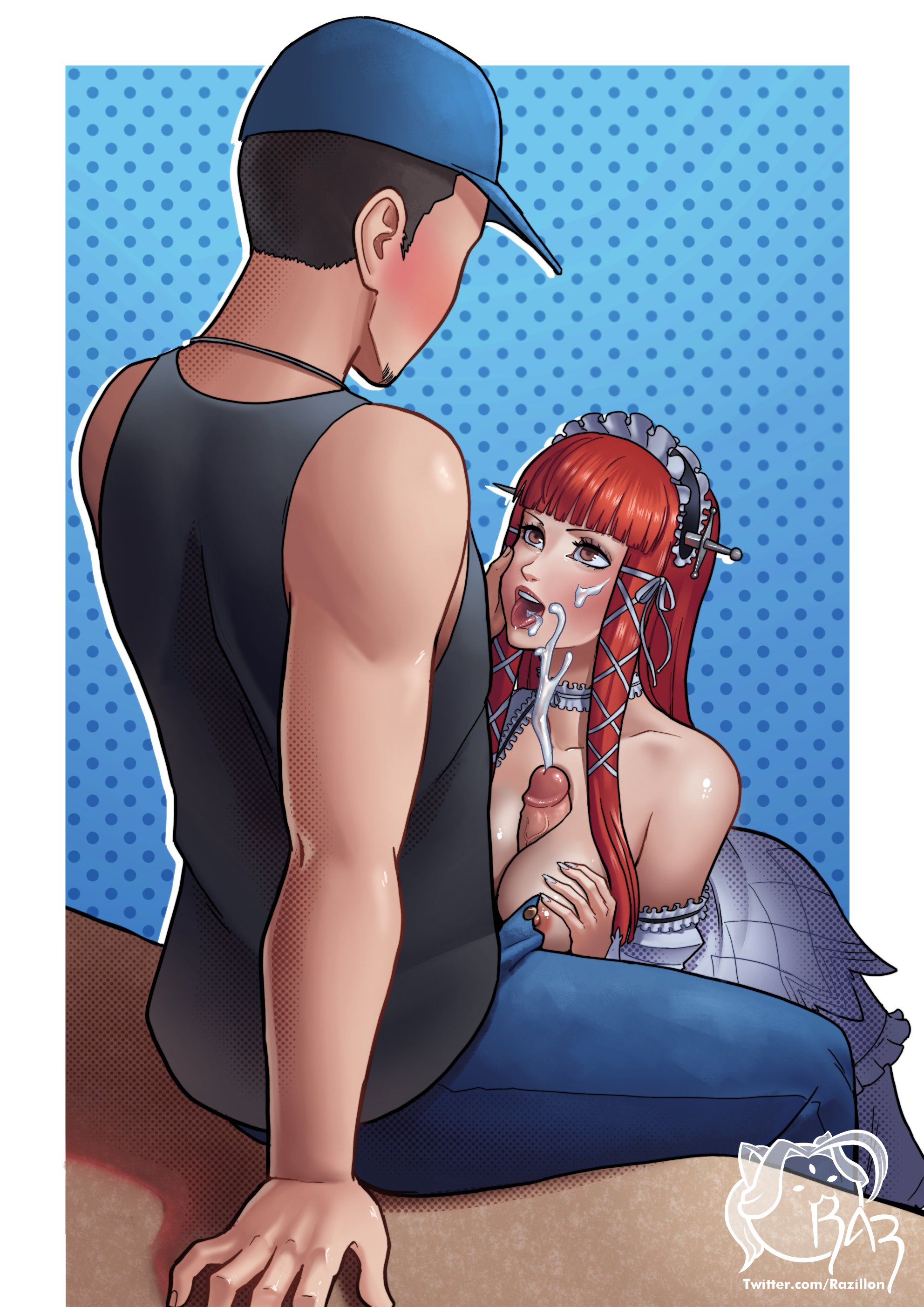 1boy, 1boy1girl, 1girls, black hair, boobjob, breasts, chidori yoshino, cum, cum on face, cumming on face, female, junpei iori, male, male/female, paizuri, persona, persona 3, razillon, red hair, straight, straight sex, titjob, unseen male face