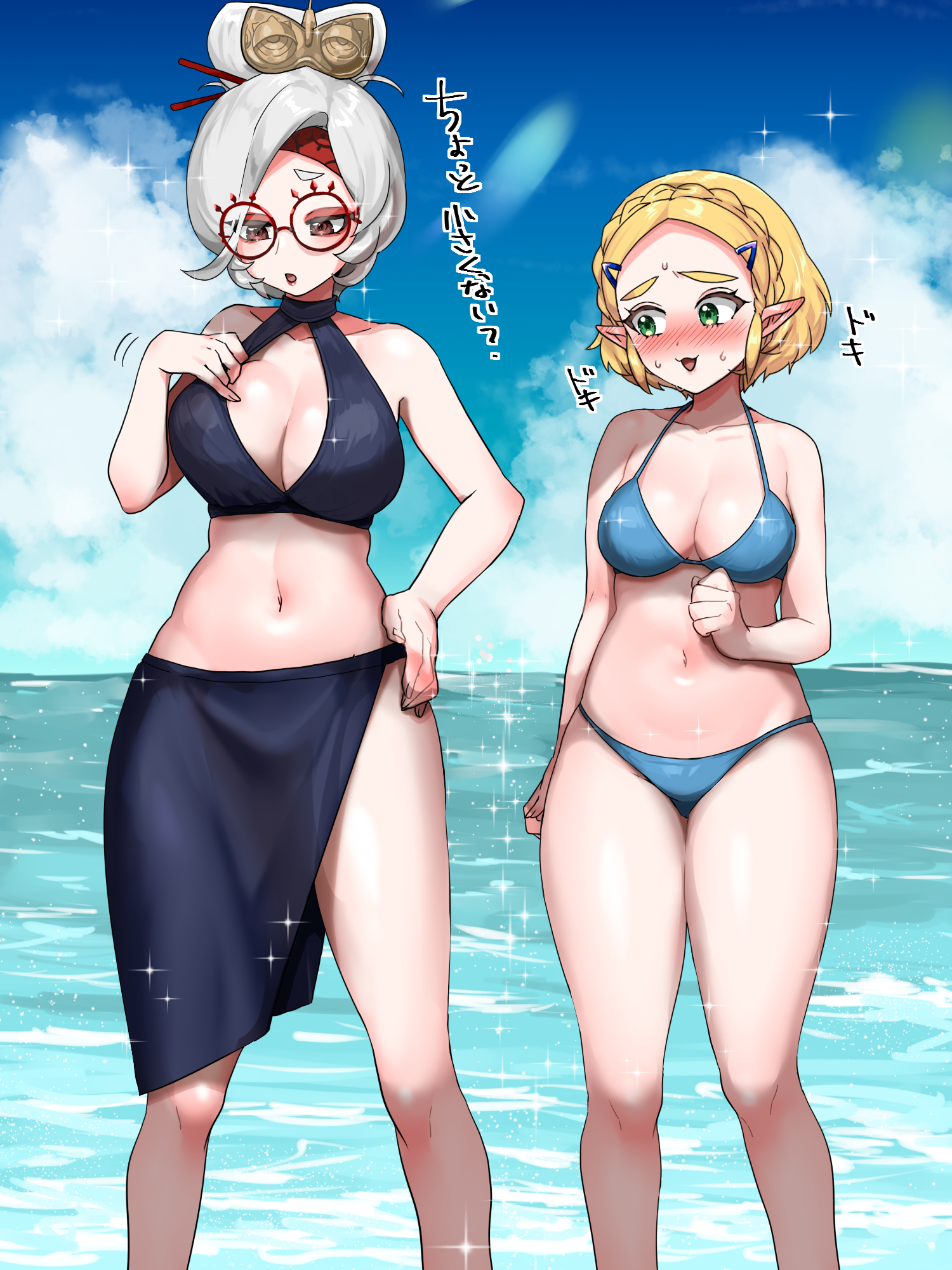 :3, 2girls, adjusting clothes, adjusting swimsuit, alternate costume, bikini, black bikini, black sarong, blonde hair, blue bikini, blue sky, blush, braid, breasts, cleavage, commentary request, crown braid, day, feet out of frame, female, green eyes, hair ornament, hair stick, hand on own hip, highres, horizon, large breasts, looking at another, medium breasts, multiple females, multiple girls, navel, nintendo, ocean, open mouth, outdoors, pointy ears, princess zelda, purah, sarong, sheikah, short hair, sky, standing, stomach, swimsuit, tears of the kingdom, the legend of zelda, translation request, wasabi (legemd), white hair, zelda (tears of the kingdom)