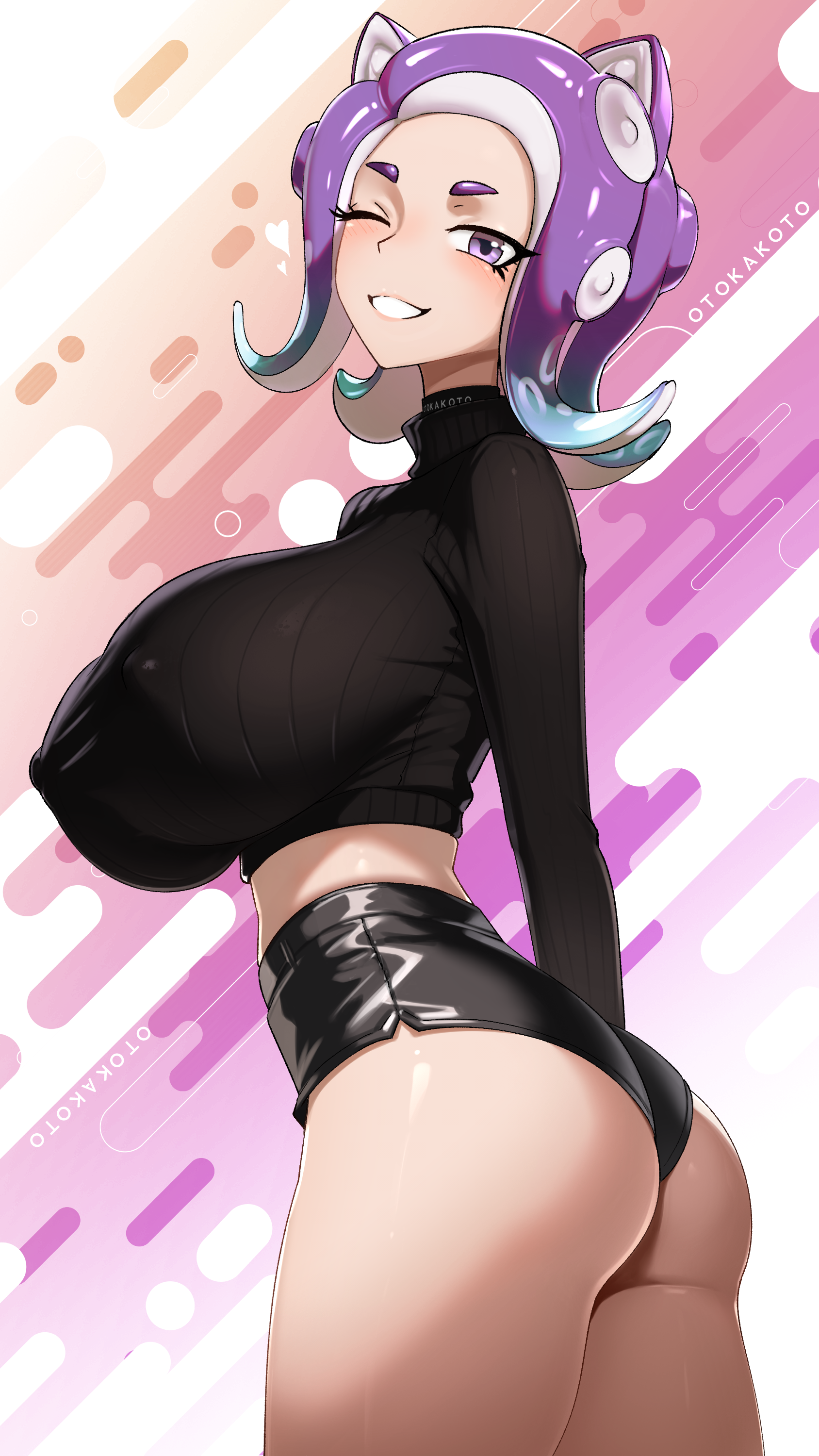1girls, artist signature, ass, big breasts, blush, blushing at viewer, breasts, cat ears, erect nipples under clothes, female, huge breasts, light skin, light-skinned female, looking at viewer, midriff, nintendo, octoling, octoling girl, otokakoto, purple eyes, purple hair, shorts, smile, smiling, smiling at viewer, solo, splatoon, splatoon (series), sweater, sweater puppies, tight clothing, wink, winking, winking at viewer