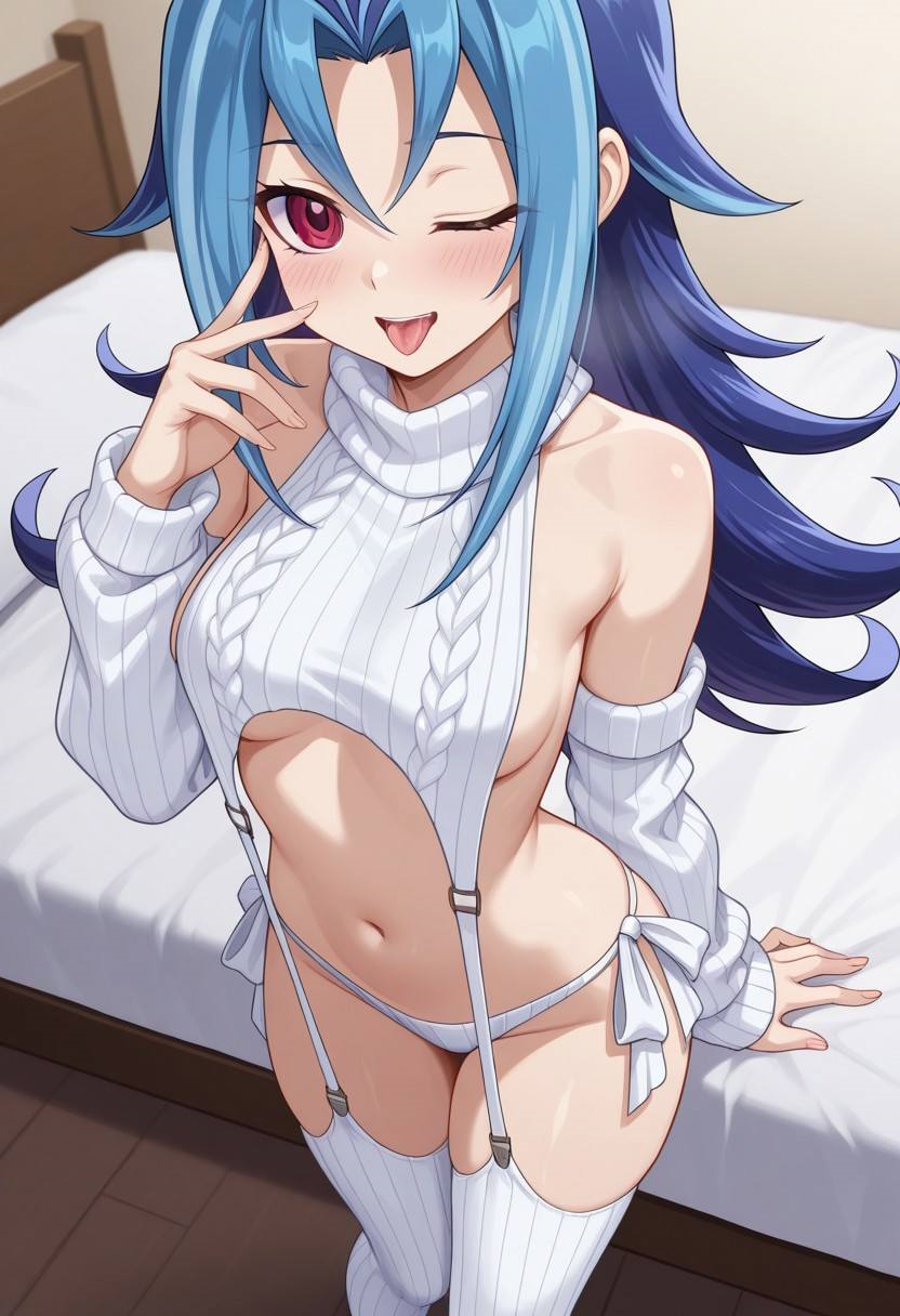 abdomen, ai generated, bed, blair incognita, blue hair, blush, cyan hair, female, female only, fringe, high-angle view, kamishiro rio, las delicias digitales de blair, looking at viewer, multicolored hair, navel, one eye closed, open mouth, outfit, red eyes, rio kamishiro, smile, solo, teenage female, teenager, thighs, tongue, tongue out, virgin destroyer sweater, virgin killer sweater, yu-gi-oh!, yu-gi-oh! zexal