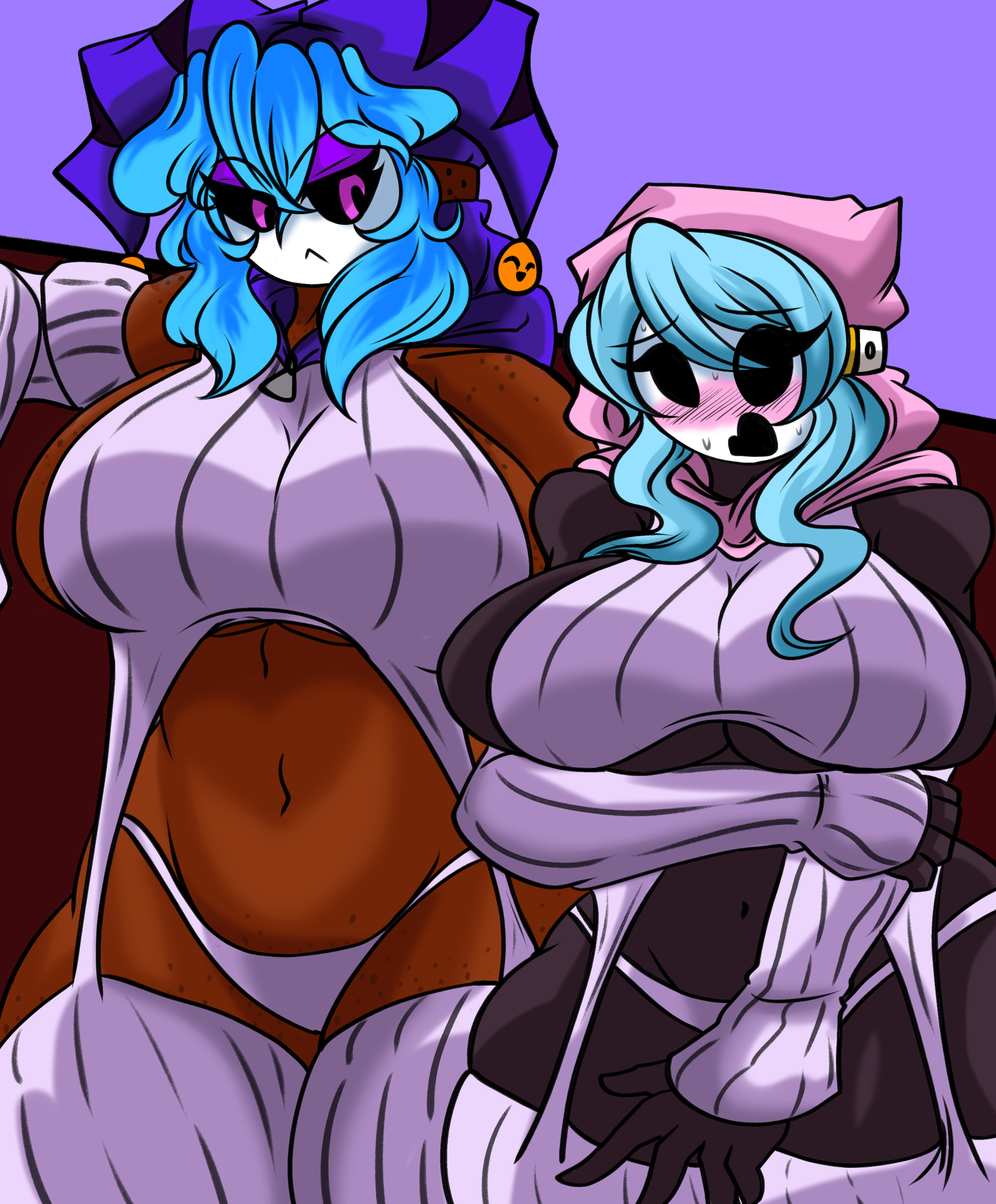 2girls, artist request, female, shorter female, shy gal, tagme, taller female, virgin killer sweater