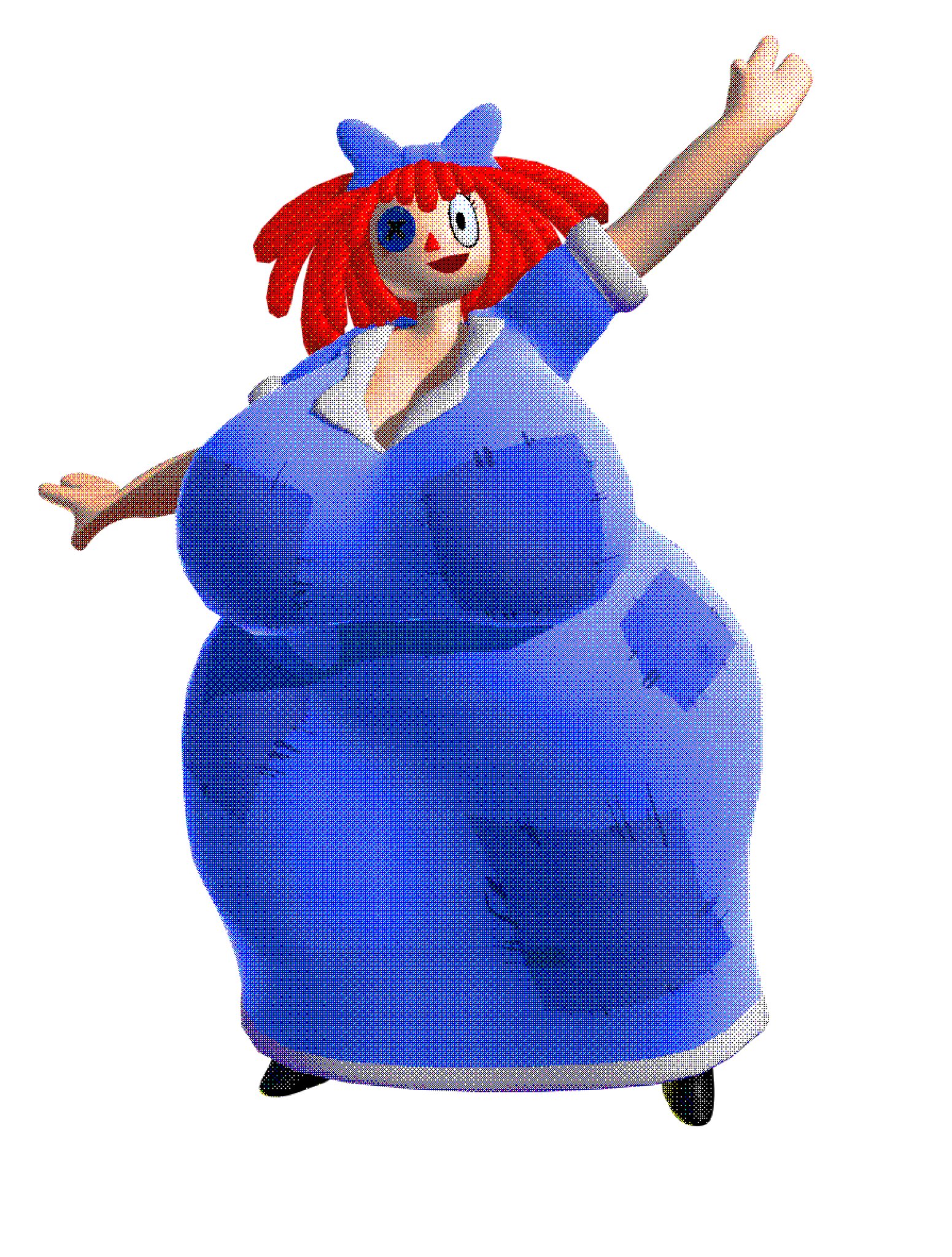 3d, 3d (artwork), ass, big ass, big breasts, breasts, clothed, coolbeanoishere, dithering, female, hyper ass, hyper breasts, large ass, large breasts, no background, ragatha, ragatha (coolbeanoishere), ragatha (the amazing digital circus), red hair, solo, the amazing digital circus, waving, waving at viewer, white background
