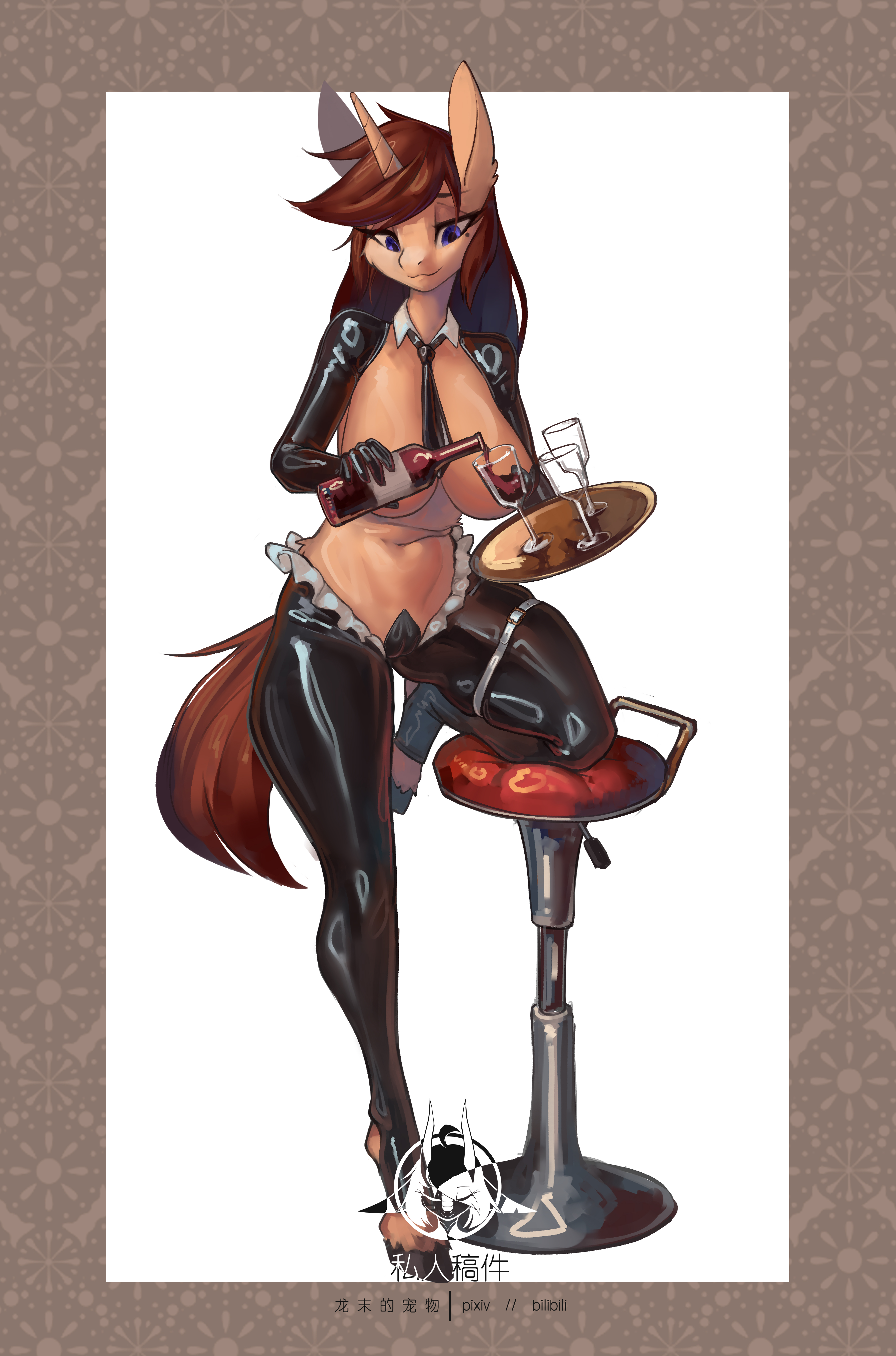 1girls, alcohol, cameltoe, female, female only, higher resolution duplicate, horse girl, maebari, maid, pasties, pouring liquid, pussy, reverse bunnysuit, shanher, tie