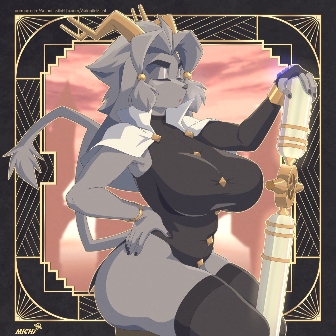 1girls, alternate version available, anthro, artist name, background, big breasts, bottomless, bracelet, breasts, closed eyes, color, curvy, curvy female, female, female only, furry, furry only, galacticmichi, goat, grey fur, hand on hip, holding object, horns, llmixll, patreon, pose, pseudoregalia, sybil (pseudoregalia), tail, thick thighs, thighhighs, thighs, wide hips