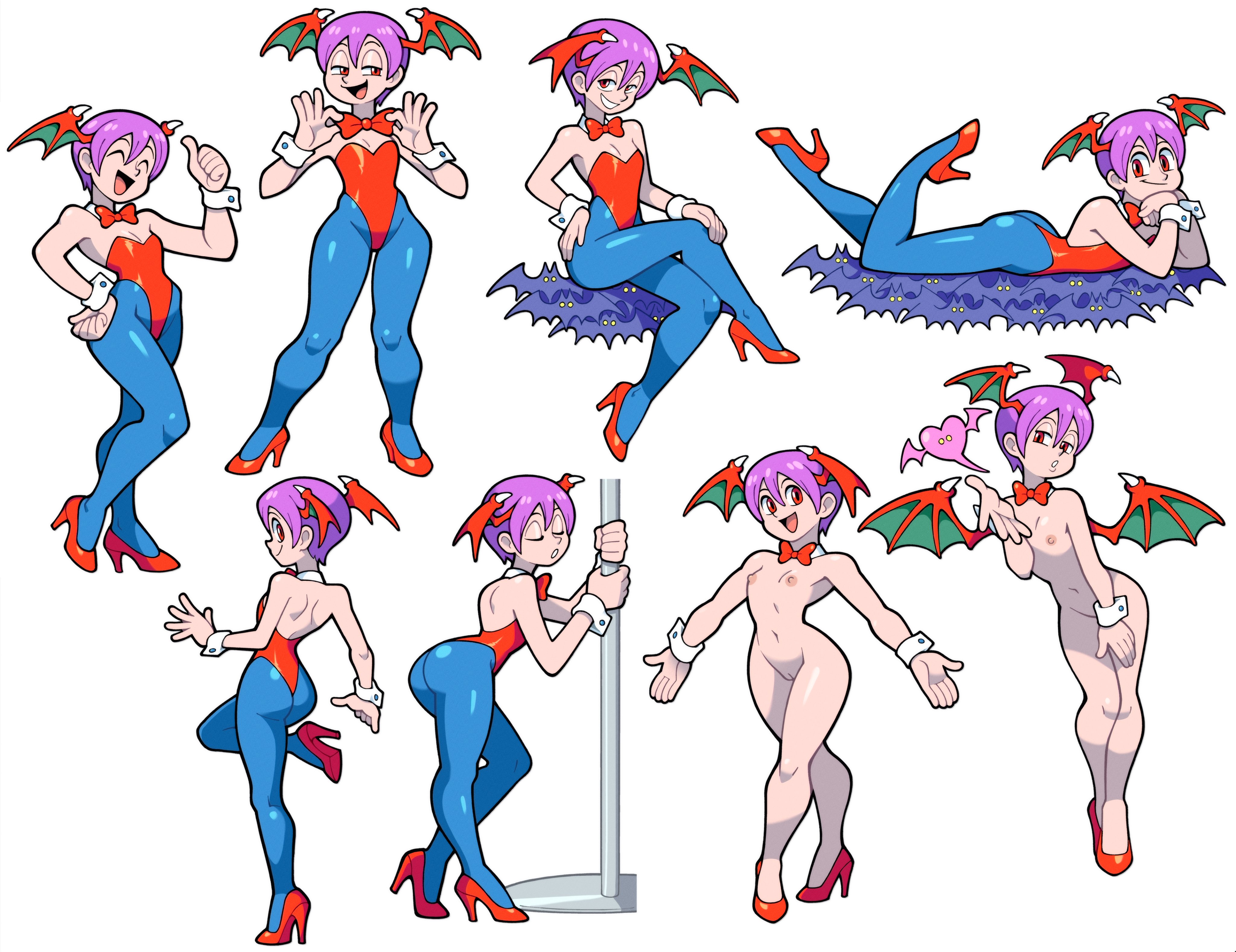1girls, absurd res, ass, bats, bowtie, breasts, bunnysuit, closed eyes, darkstalkers, female, flat chest, head wings, heart, heels, leotard, lilith aensland, looking at viewer, multiple poses, naked, naked footwear, pantyhose, purple hair, pussy, red eyes, short hair, smile, stealth brock, stripper pole, succubus, thumbs up, white background, wings, wings on head