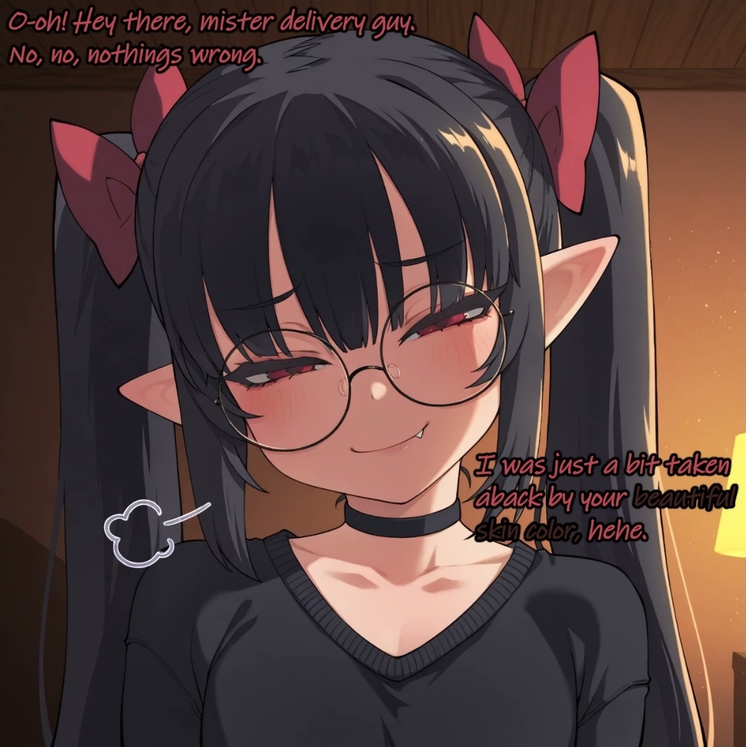 ai generated, black hair, black shirt, blush, burakurasu (artist), choker, fang, female, raceplay, red eyes, rev says desu, smile, text, twintails, virtual youtuber, vtuber, youtube