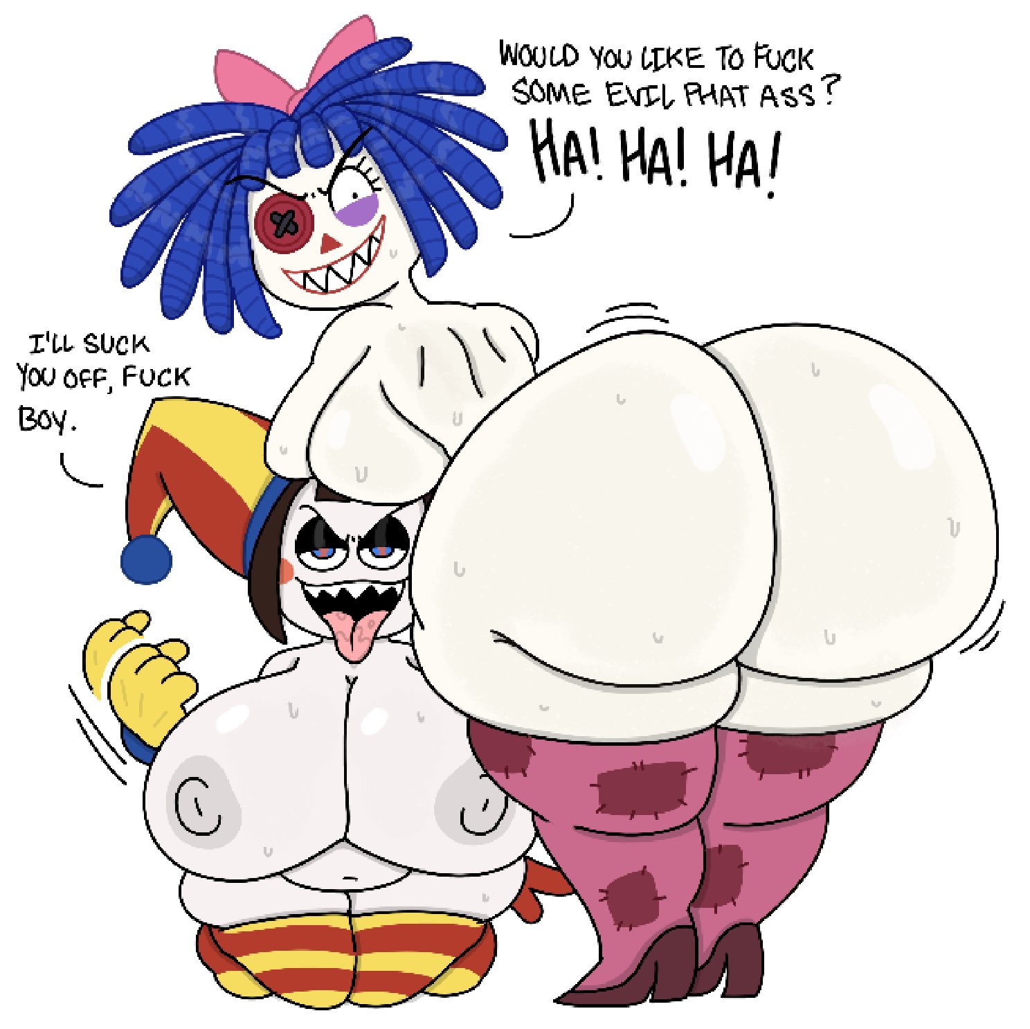 balls, breasts, dialogue, evil pomni (the amazing digital circus), evil ragatha, evil ragatha (the amazing digital circus), female, glitch productions, handjob gesture, indie cartoon, large ass, large balls, large breasts, large thighs, presenting ass, presenting breasts, presenting butt, presenting hindquarters, the amazing digital circus, theslashfive