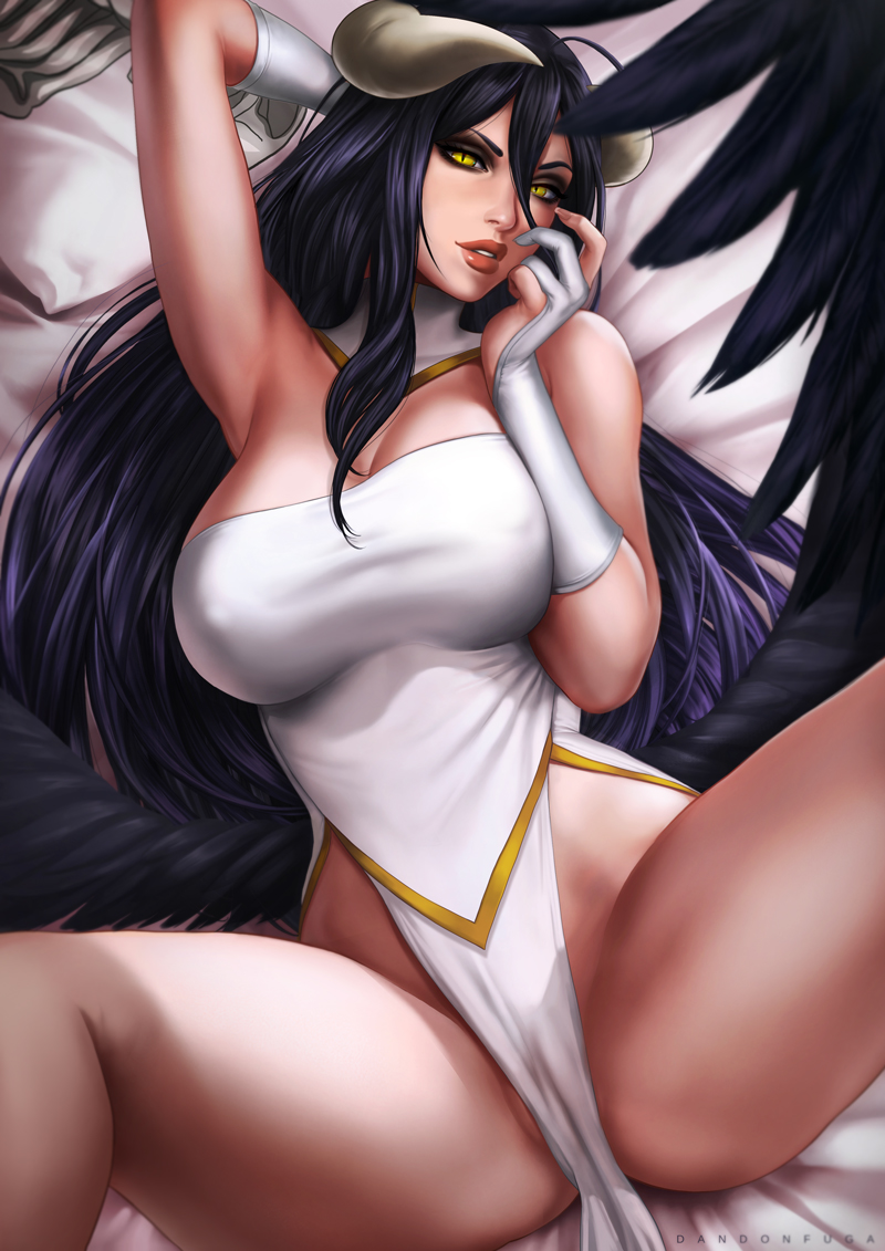 1girls, albedo (overlord), arm up, armpits, big breasts, breasts, cleavage, dandon fuga, demon, dress, female, female only, fully clothed, horns, large breasts, long hair, looking at viewer, on back, overlord (maruyama), pelvic curtain, pinup, solo, spread legs, succubus