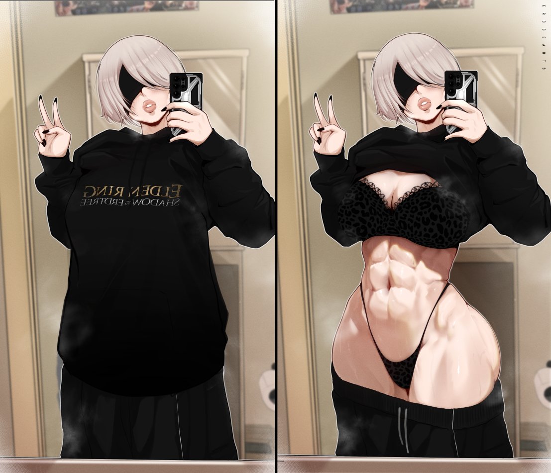 1girls, abs, athletic, athletic female, baggy clothing, bathroom, before and after, big ass, big breasts, big butt, bimbo lips, black lingerie, blindfold, breasts, cellphone, erogearts, fat ass, female, g string, gym clothes, lifting shirt, light skin, light-skinned female, lingerie, looking at viewer, muscular, muscular female, nier: automata, painted nails, pants down, selfie, short hair, steam, steaming body, sweat, sweat pants, sweatdrop, sweater, sweater lift, sweating, sweaty, sweaty body, thick thighs, thong, thunder thighs, toned, toned female, underwear, video games, voluptuous, voluptuous female, white hair, wide hips, yorha 2b