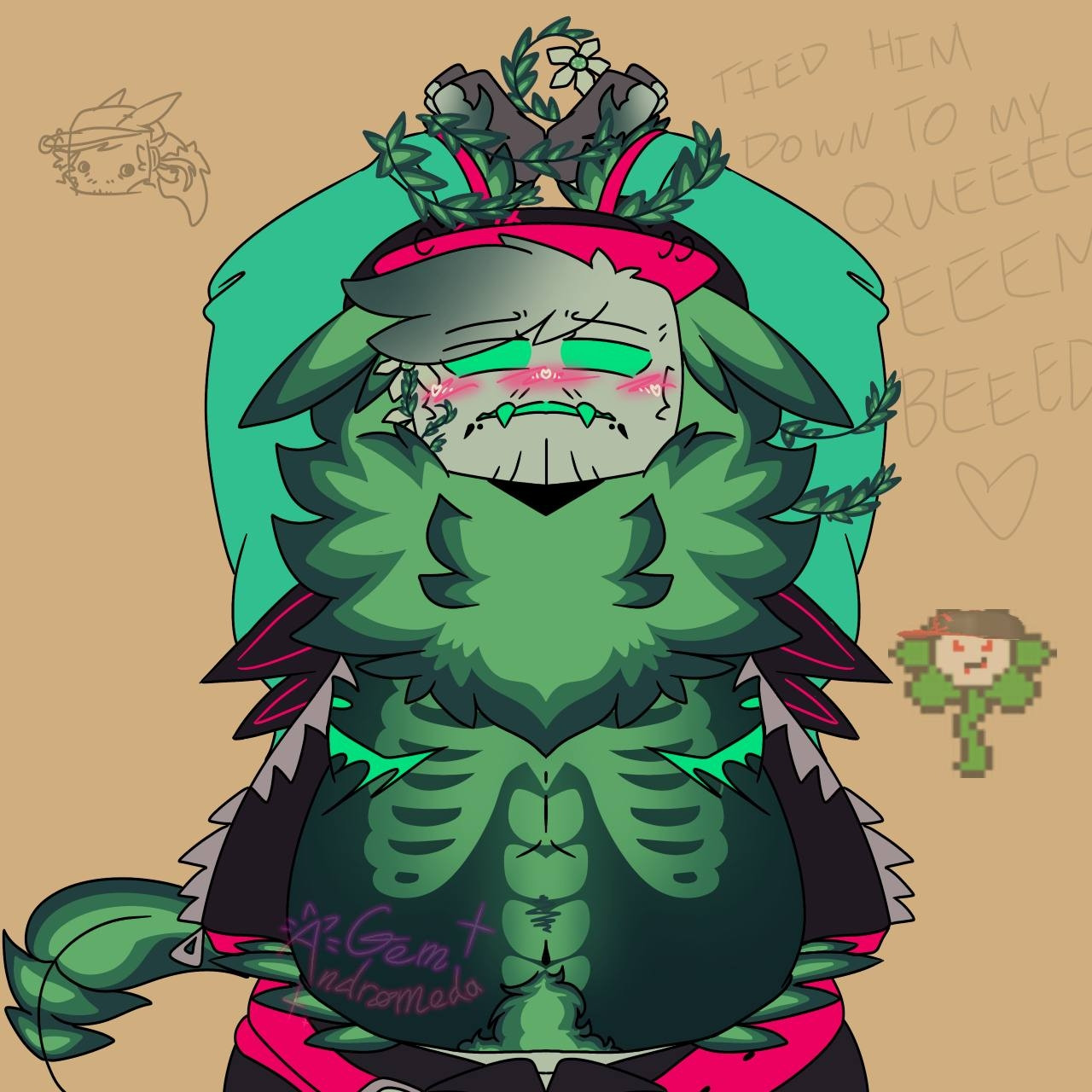 block tales, blush, blushing at viewer, bondage, fat, foliage, griefer (block tales), happy trail, leaf ears, leaves, leaves on body, male, male only, mastectomy scar, nipples, no visible genitalia, piercing, piercings, plants, roblox, robloxian, unzipped pants, vine bondage, vines