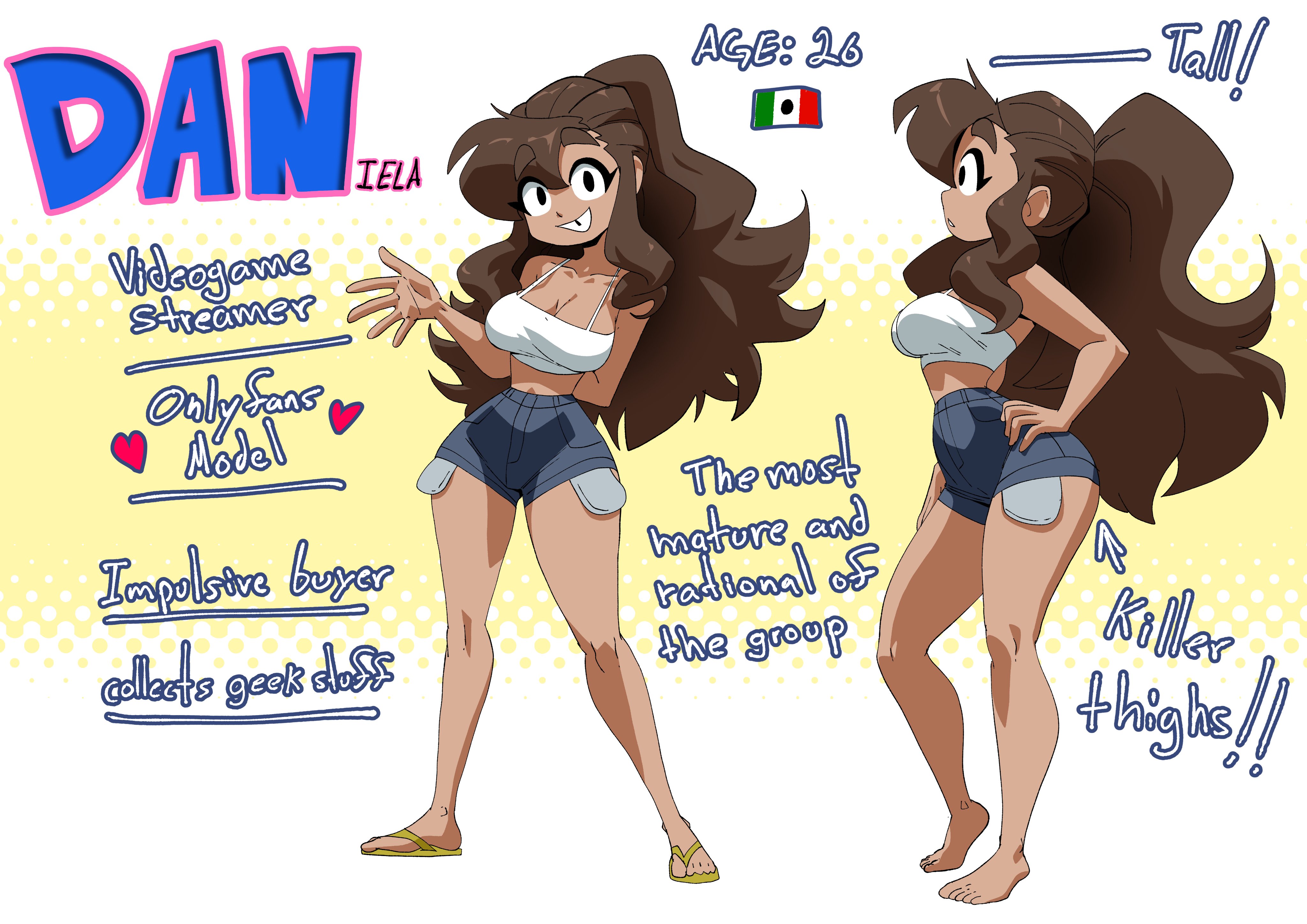 1girls, arm behind back, bare legs, barefoot, big hair, black eyes, blue shorts, breasts, brown hair, camisole, character name, character profile, character sheet, cleavage, clothing, collarbone, coolerinker, crop top, dan (inker comics), dark skin, dark-skinned female, denim, denim shorts, english language, english text, female, full body, grin, halftone background, hand on own hip, high ponytail, high-waist shorts, inker comics, inkershike, large breasts, long hair, looking at viewer, mexican, mexican female, midriff, multiple views, narrow waist, navel, open hand, ponytail, sandals, short shorts, shorts, sidelocks, smile, spaghetti strap, standing, tan, text, toenails, toes, twitter strip game (meme), very long hair, waving, white camisole