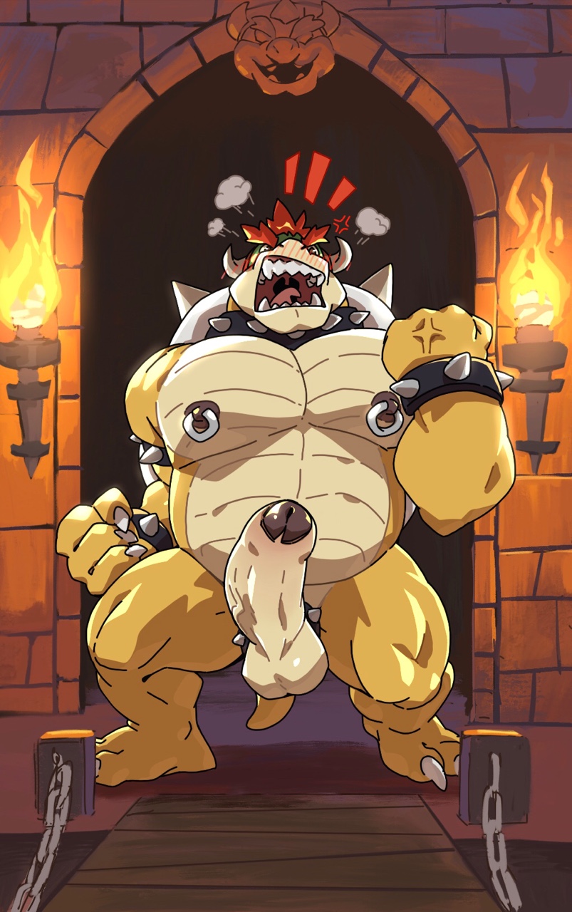 1boy balls bowser erection foreskin full_body male male_only mario_(series) nintendo nipple_piercing nipples open_mouth penis solo standing super_mario_bros. taoren uncut