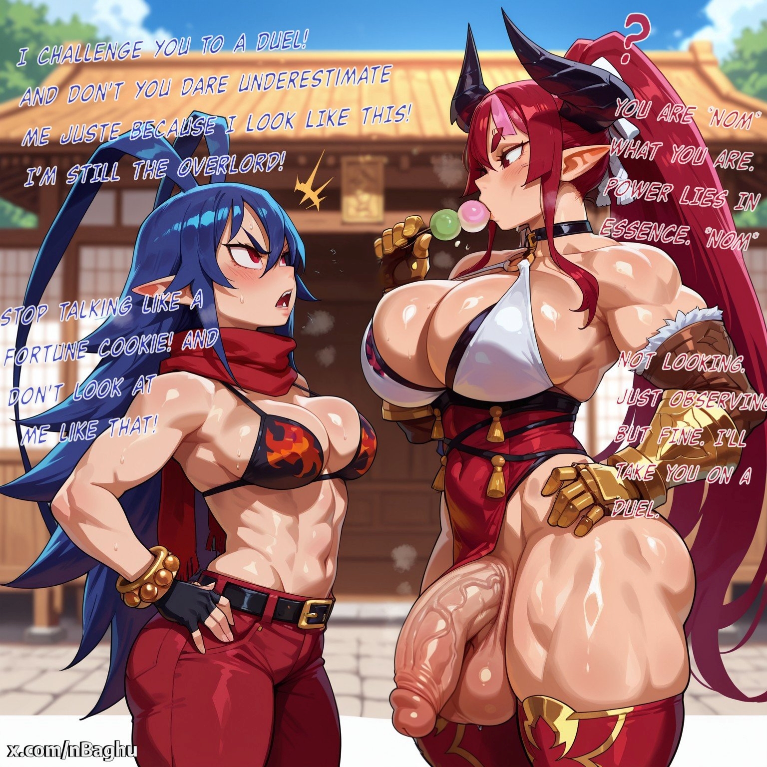 ?, 1futa, 1girl1futa, 1girls, ai generated, angry, antenna hair, armpit, ass, bare shoulders, biceps, big ass, big breasts, blue hair, bra, breasts, canon genderswap, cleavage, curvy, demon girl, demon horns, dialogue, disgaea, disgaea 7, disgaea d2, dress, english, english dialogue, english text, female, futa on female, futa with female, futanari, genderswap (mtf), gloves, half-erect, height difference, higan zesshosai, horns, huge breasts, intersex, laharl, laharl-chan, large breasts, large penis, long hair, looking at another, midriff, muscular, muscular female, muscular futa, nbaghu, nippon ichi software, pants, pelvic curtain, pelvic curtain aside, penis, pointy ears, ponytail, red dress, red eyes, red hair, red pants, rule 63, shiny skin, size difference, sleeveless, text, thick penis, thick thighs, thighs, toned female, veiny penis, voluptuous, voluptuous female
