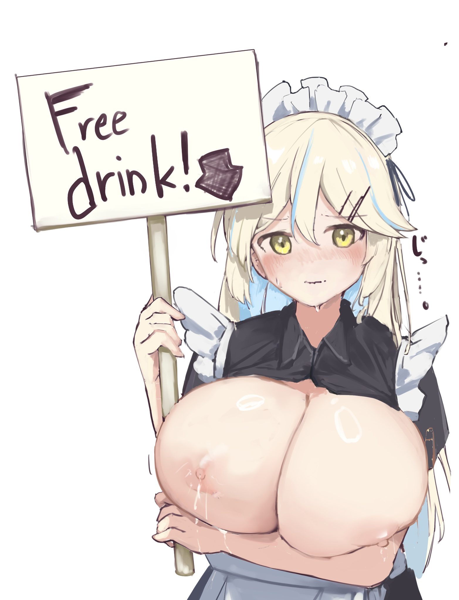 apron, black shirt, black skirt, blonde hair, blue hair, blush, breast sucking invitation, breastless clothes, breasts, collared shirt, colored inner hair, embarrassed, english text, female, female focus, frilled apron, frills, hair between eyes, hair ornament, hair ribbon, hairclip, highres, holding, holding sign, huge breasts, kakurega, lactation, large areolae, long hair, looking at viewer, maid, maid apron, maid headdress, milk tank-chan (kakurega), milk-tank, multicolored hair, nipples, original, ribbon, shiny skin, shirt, short sleeves, sign, simple background, skirt, solo, sweatdrop, swept bangs, two-tone hair, upper body, waist apron, wavy mouth, white apron, white background, yellow eyes