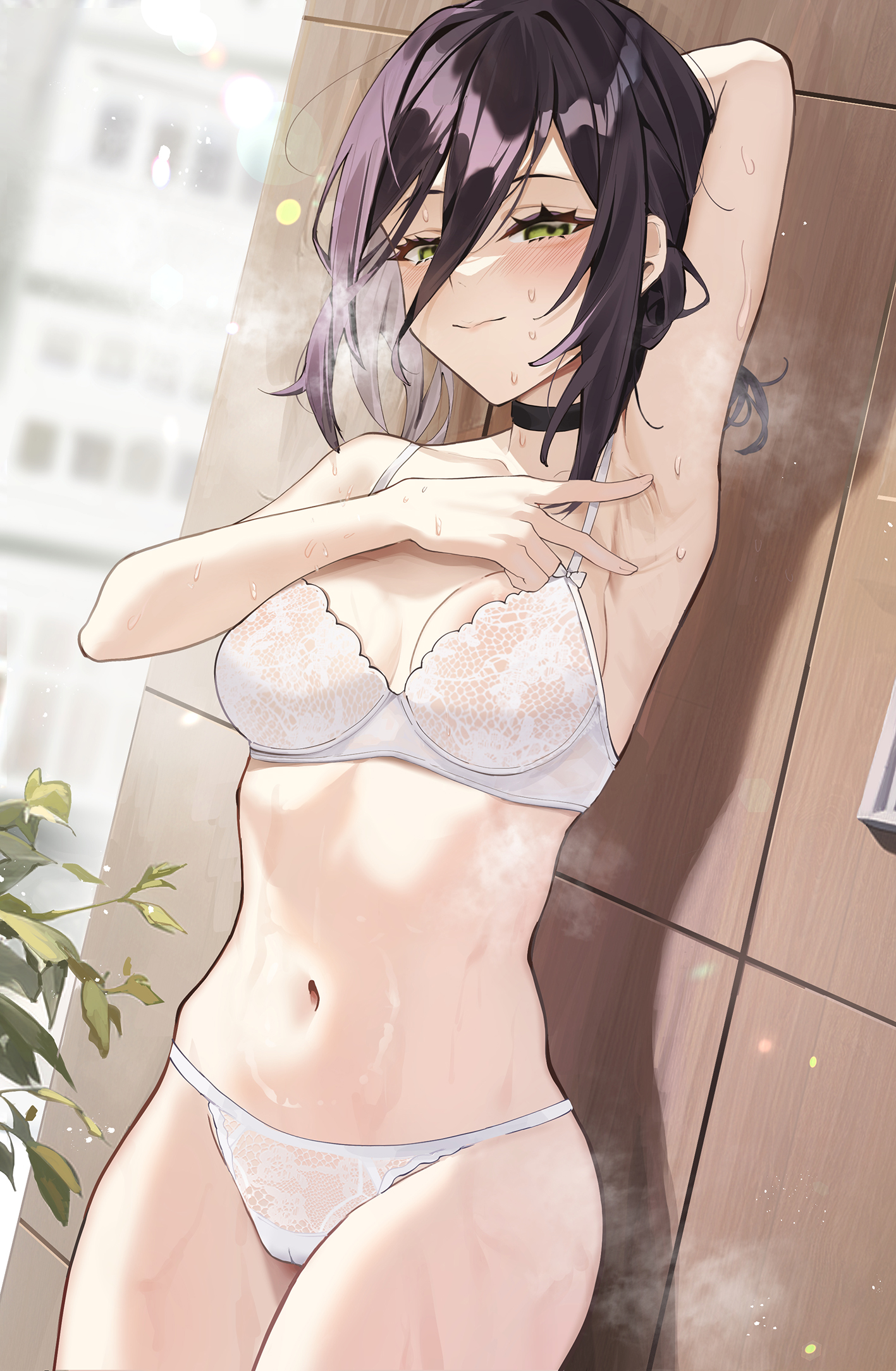 1girls, areola slip, arm behind head, armpits, black choker, black hair, blush, bra, breasts, cameltoe, chainsaw man, choker, closed mouth, fang qiao, female, female only, green eyes, hair between eyes, highres, looking at viewer, medium breasts, medium hair, midriff, navel, panties, presenting armpit, reze (chainsaw man), solo, spread armpit, steam, sweat, thighs, underwear, white bra, white panties