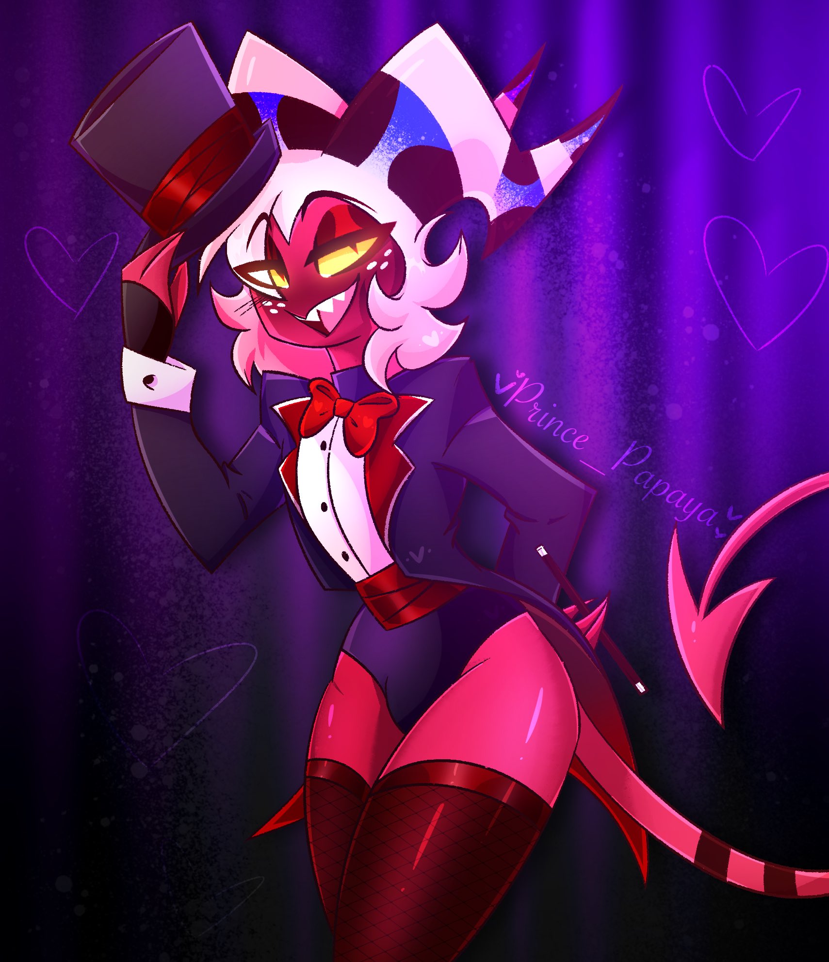1boy, artist name, bowtie, demon, demon boy, demon horns, demon tail, fishnets, heart symbol, helluva boss, imp, imp horns, imp male, imp tail, male, male only, moxxie (helluva boss), prince papaya, red bowtie, solo focus, solo male, stockings, suit, tagme, top hat