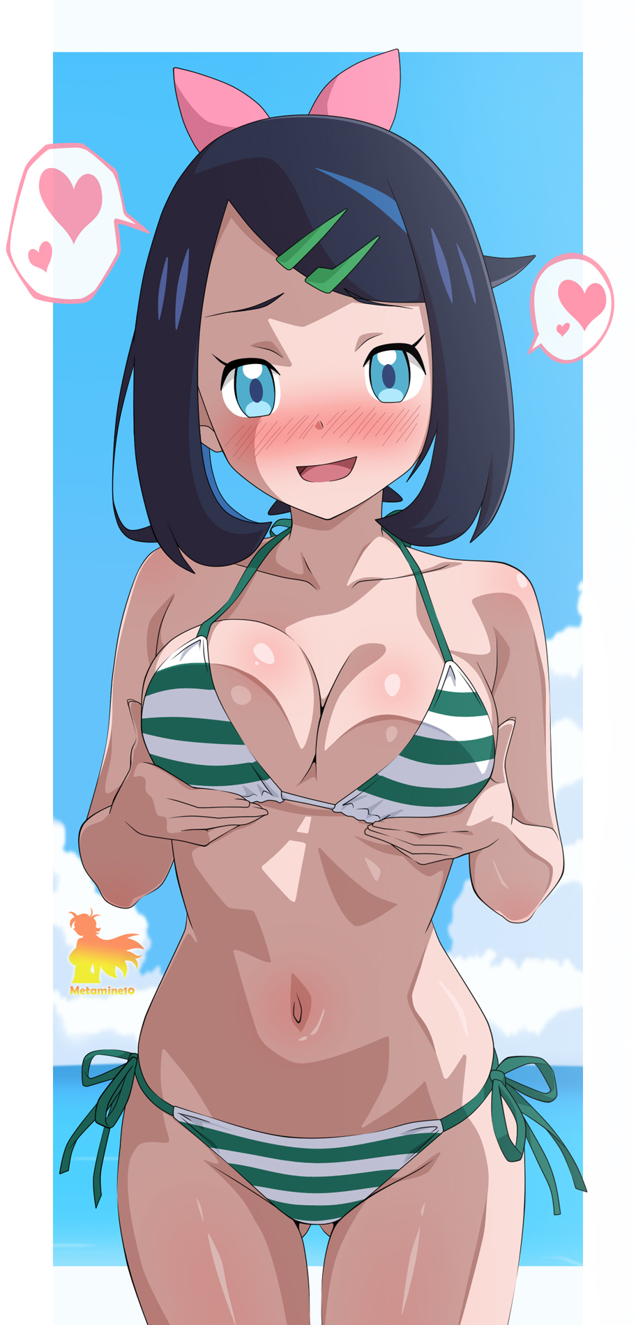1girls, bikini, blue eyes, boots, breast rub, breasts, curvy, female, hands on breasts, hands on own breasts, holding breast, holding breasts, holding own breast, holding own breasts, liko (pokemon), metamine10, pokemon, pokemon (anime), pokemon horizons, shiny skin, striped bikini, striped swimsuit, stripes, swimsuit, thong, thong bikini, wide hips
