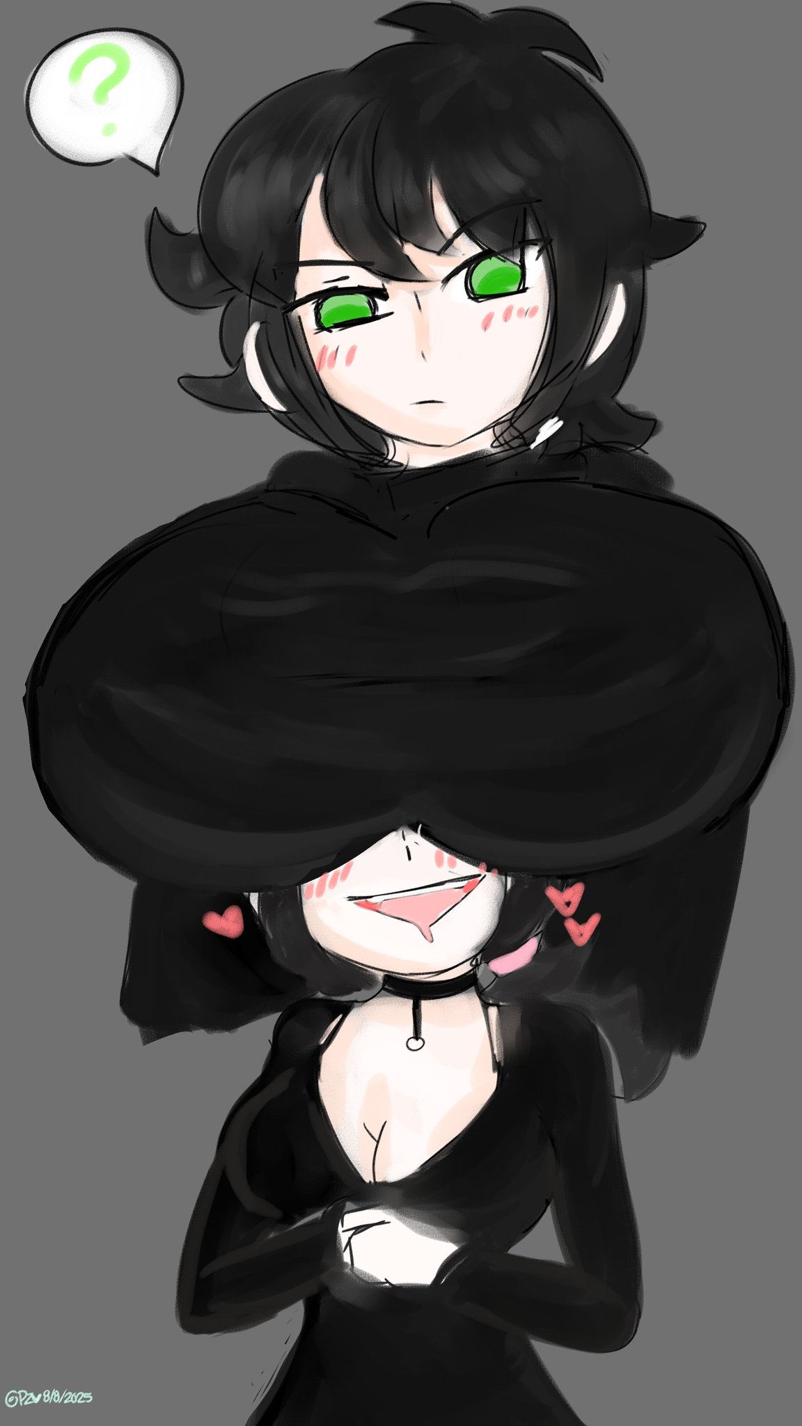 ?, 1boy, 1boy1girl, 1girls, andrew graves, artist name, artist signature, ashley graves, big breasts, blush, blush lines, blushing, breasts, brother and sister, busty male, busty male on female, confused look, female, green eyes, grey background, head under breasts, hearts around head, incest, male, male with breasts, male/female, puddinpuddgi, simple background, snuggling, supersludge, text, the coffin of andy and leyley