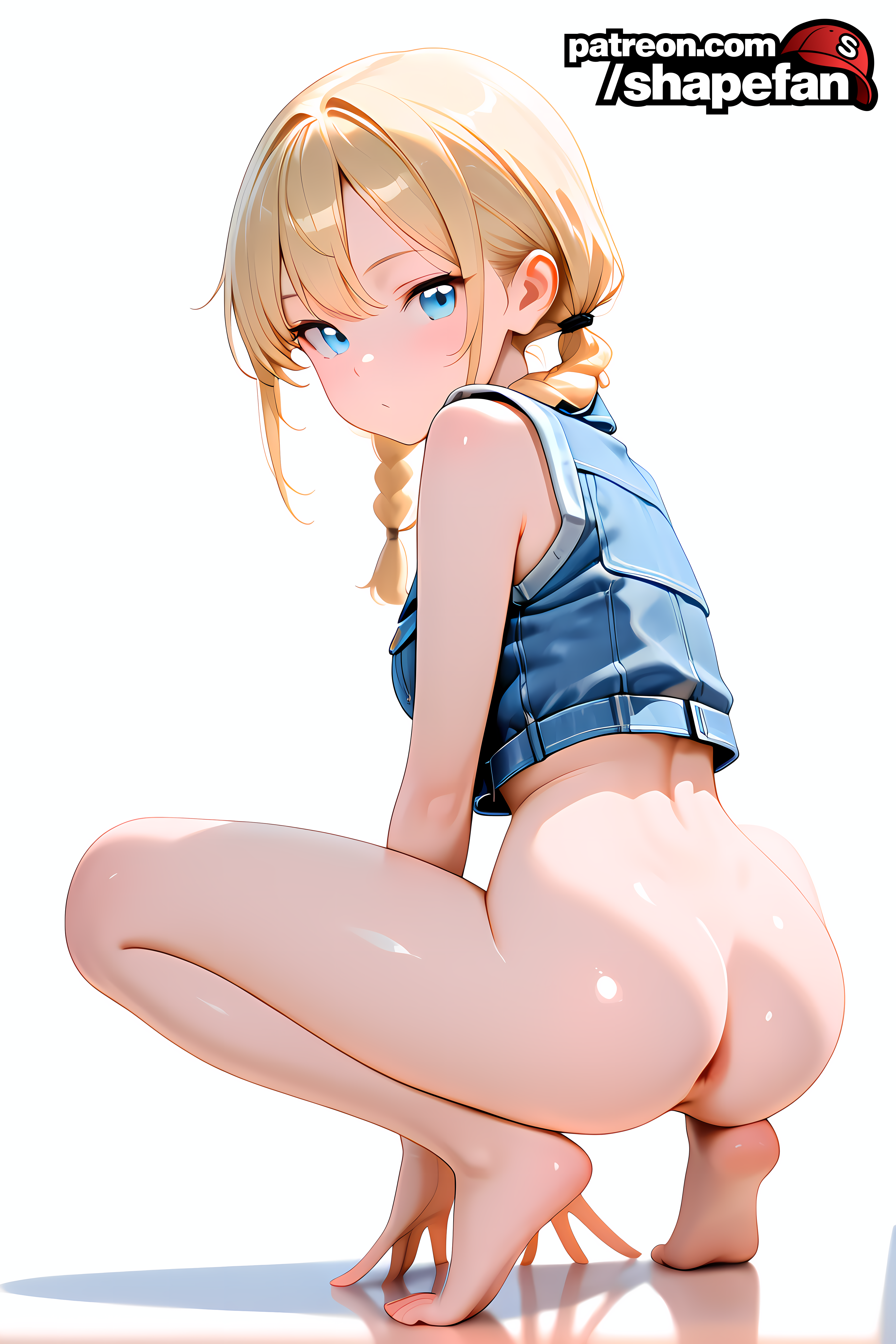 ai art, ai generated, ai-created, anus peek, ass, blonde hair, blue eyes, braided hair, breasts, bust, butt, butt crack, chest, closed mouth, clothed, denim, denim clothing, denim jacket, denim vest, female, female only, fit, jean jacket, jeans, light skin, medium breasts, medium tits, monotone hair, neutral expression, no panties, no pants, on all fours, pale skin, shapefan, short hair, simple background, skinny, solo, sora (shapefan), sora has great jeans (shapefan), twintails, white background