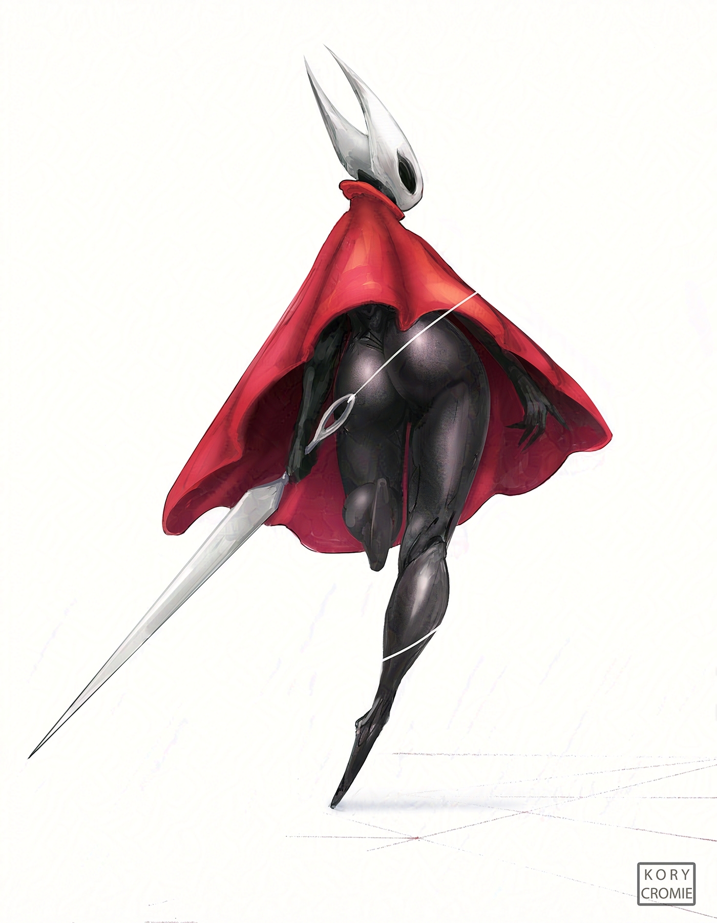 1girl, 1girls, 2d, 2d (artwork), artist name, artist signature, ass, ass crack, ass exposed, ass focus, back view, big ass, big butt, black body, black skin, black skinned female, black-skinned female, bottomless, bottomless female, butt, butt crack, butt exposed, butt focus, cloak, cloak only, clothed, clothed female, color, exposed ass, exposed butt, female, female ass, female ass focus, female butt, female focus, female only, gluteal fold, holding, holding object, holding weapon, hollow knight, hornet (hollow knight), kory cromie, large ass, large butt, legs, looking to the side, no feet, rear view, red cloak, shadow, solid color background, solo, solo female, solo focus, thick thighs, thighs, video game character, video games, walking, walking away, watermark, white background