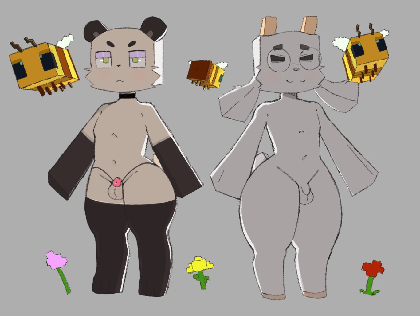 2boys, anthro, balls, bear, bee, bee (minecraft), cage, caged, caged cock, chastity, chastity cage, chastity device, cock, cock cage, femboy, femboy focus, femboy only, flaccid, flat chastity cage, goat, goat horns, horns, kinkykong, konni, long gloves, male, male focus, male only, minecraft, minecraft mob, minecraft skin, nude, orgasm denial, penis, penis cage, pink chastity cage, small cock, small penis, standing, stockings, tagme, tam tam (tamdagoat), tamdagoat, tan fur, white fur