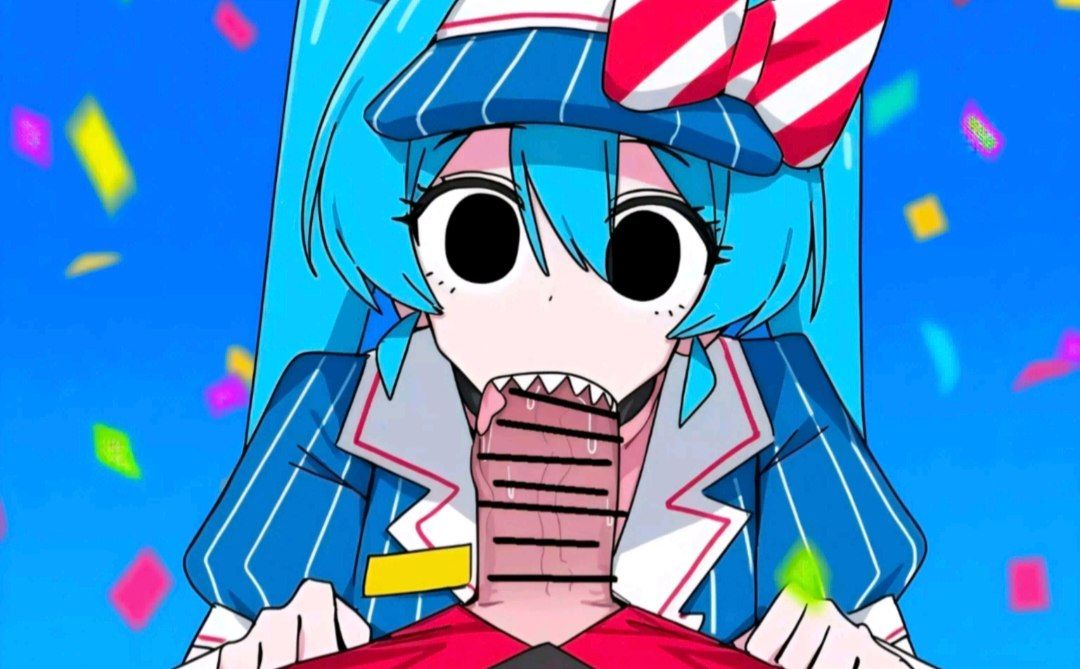 1futa, 1girls, ai generated, blowjob, blue hair, censored, dark eyes, female, futanari, intersex, mesmerizer (vocaloid), mesmerizer miku, mesmerizer teto, red hair, sharp teeth, straight teeth, tongue out blowjob