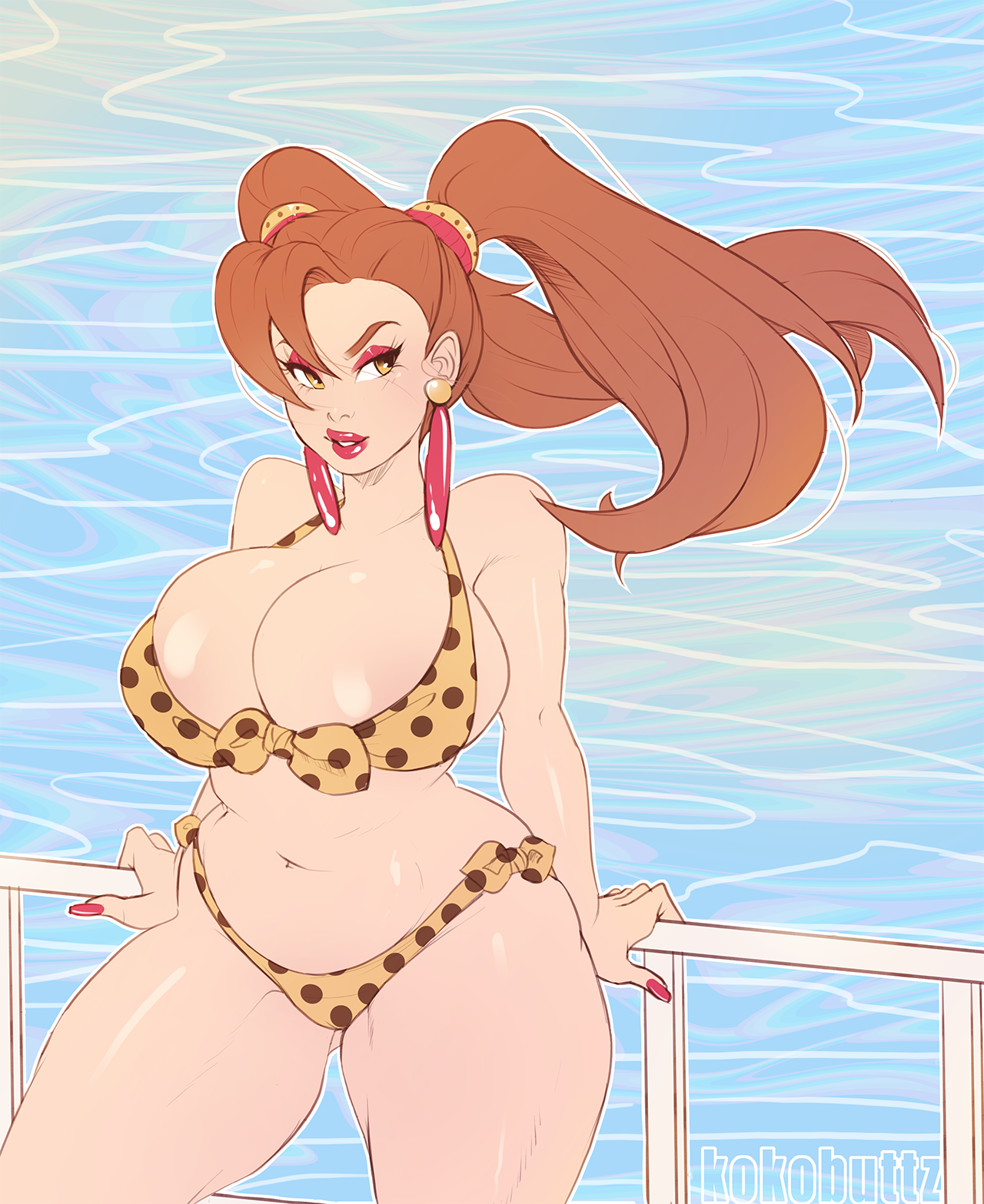 1girls, ass, bikini, breasts, cleavage, female, gundam, gundam build fighters, gundam build fighters try, huge breasts, kokobuttz, large ass, large breasts, sazaki kaoruko, slightly chubby, solo, text, thick thighs, watermark, wide hips