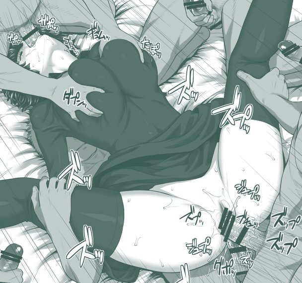 5boys, bar censor, bed sheet, bottomless, breast grab, breast squeeze, breasts, censored, clothed female nude male, deepthroat, dress, dress lift, erection, fellatio, female, fubuki (one-punch man), greyscale, group sex, large breasts, lying, male, monochrome, multiple boys, multiple males, multiple penises, no panties, on back, on bed, one-punch man, oral, orgy, penis, pussy, pussy juice, saliva, sex, skirt lift, spread legs, st.germain-sal, sword swallowing position, text focus, thighhighs, throat swabbing, vaginal penetration