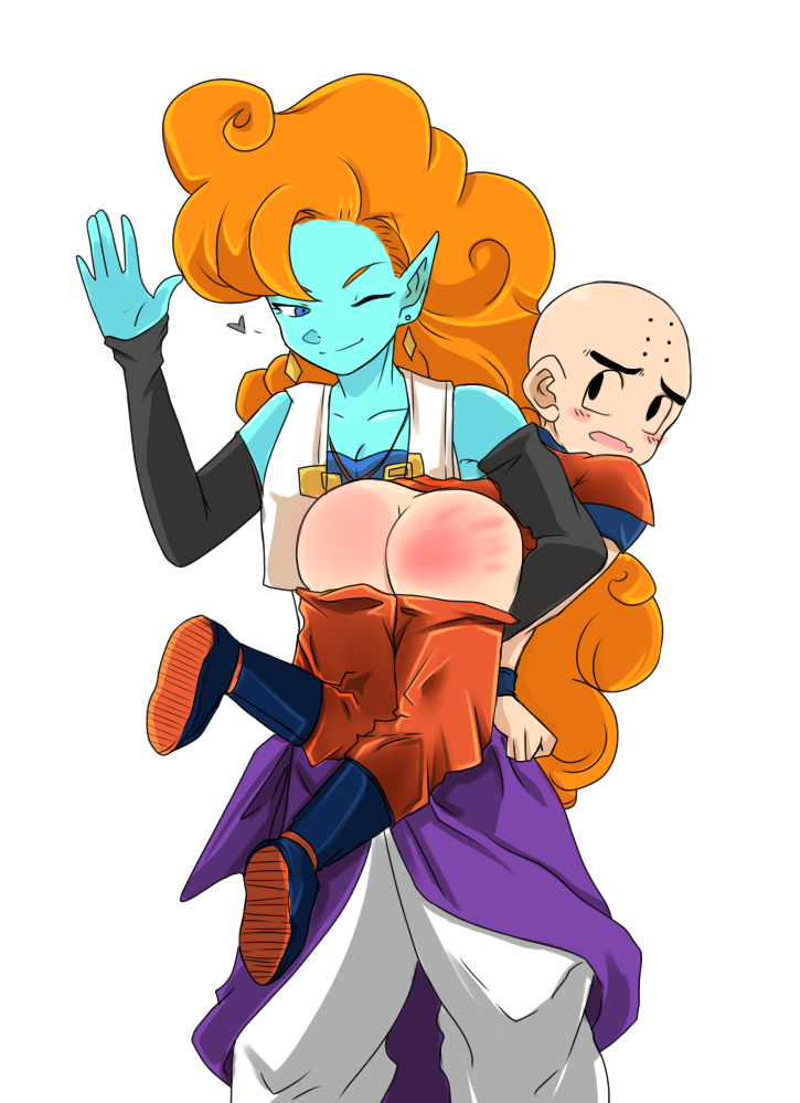 1boy 1girls adrienoir alien_girl ass bald blue_eyes blue_skin blush blushing breasts butt_crack carrying dominant_female domination dragon_ball dragon_ball_z embarrassed female femdom handprint heart human humanoid krillin kuririn lifted_by_another long_ears long_hair male malesub orange_hair pants_down pirate pointy_ears punishment punishment_spanking race_of_hera red_ass size_difference smaller_male smile spanked spanking submissive_male teasing wink winking zangya