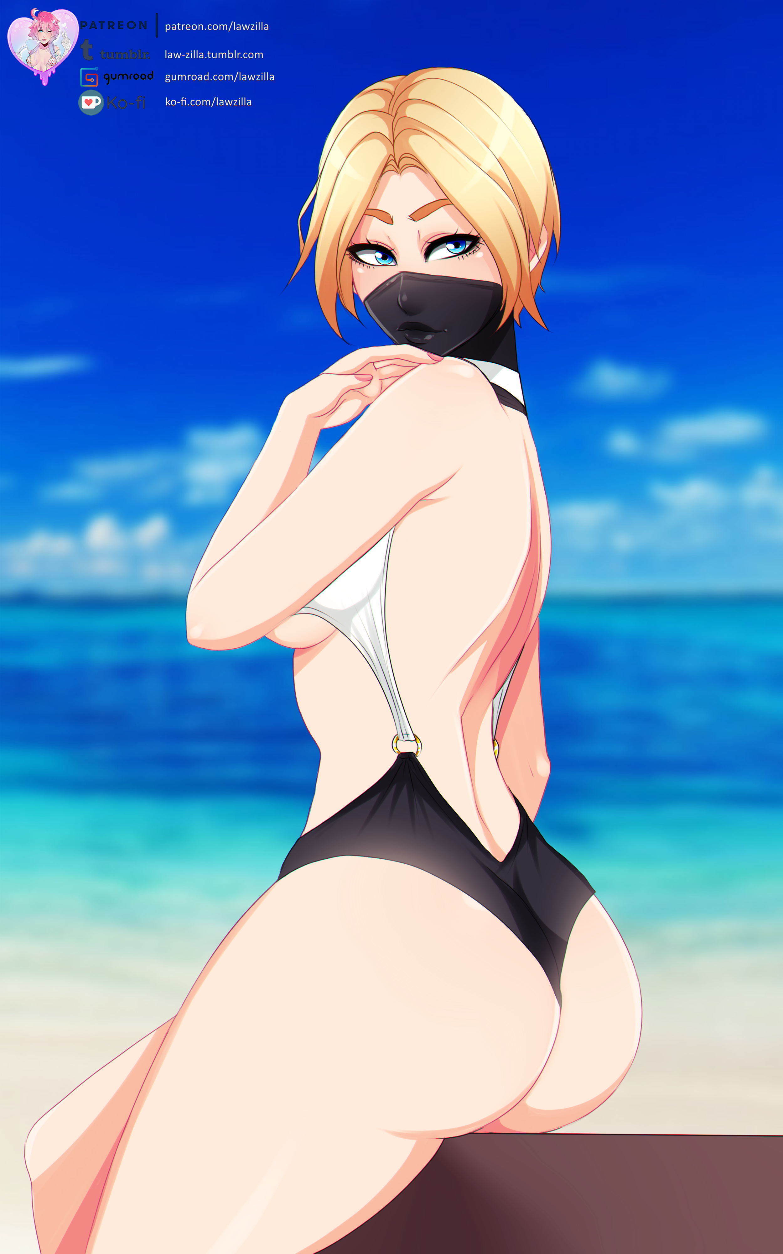 1girls, absurdres, ass, beach, blonde hair, blue eyes, breasts, cleavage, female, female only, highres, iq (rainbow six), law-zilla, looking back, one-piece swimsuit, rainbow six, rainbow six siege, solo, swimsuit, tagme, tom clancy