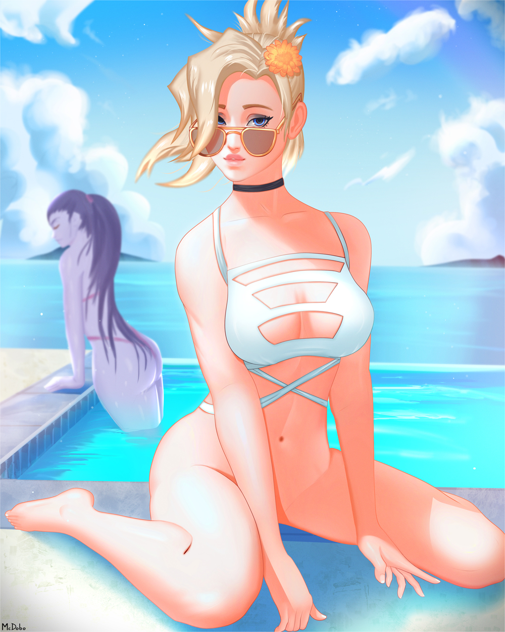 2girls, blizzard entertainment, breasts, cleavage, female, female only, looking at viewer, mcdobo, mercy, overwatch, solo focus, widowmaker