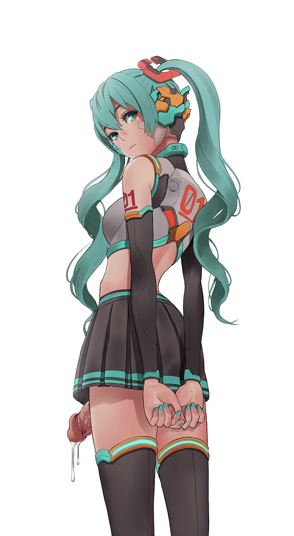 1futa, 1girl, aqua eyes, aqua hair, aqua nails, arms behind, arms behind back, armwear, bare shoulders, black skirt, black thighhighs, blue eyes, blue hair, blue skirt, bottomless skirt, breasts, crop top, cum, cum dripping, curly hair, curvy, detached sleeves, elzikyuchi, erection under clothes, erection under skirt, from behind, futa exposed, futa only, futanari, green eyes, hair between eyes, half-erect, hatsune miku, intersex, large penis, long hair, long penis, looking at viewer, looking back, medium breasts, miniskirt, nail polish, own hands together, penis, penis out, penis under clothes, penis under skirt, pleated skirt, precum, precum drip, sci-fi, short skirt, sideboob, simple background, skirt, solo, tattoo, thighhighs, thin waist, twintails, uncensored, unknown artist, very long hair, vocaloid, white background, zettai ryouiki