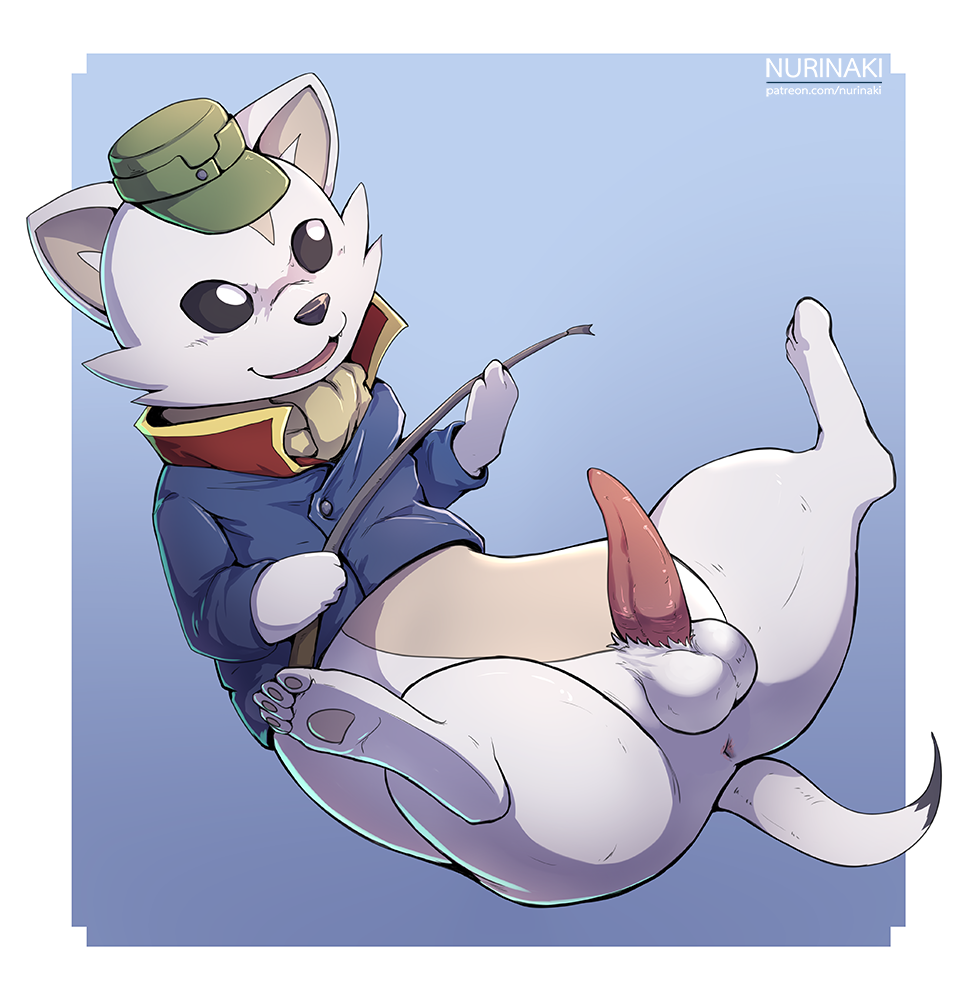 2018 animal_genitalia animal_penis anus balls bottomless clothed clothing erection ermine fur hat jacket male male_only mammal mustelid nurinaki pawpads penis riding_crop rommel_(gundam_build_divers) semi-anthro solo spread_legs spreading whip white_fur