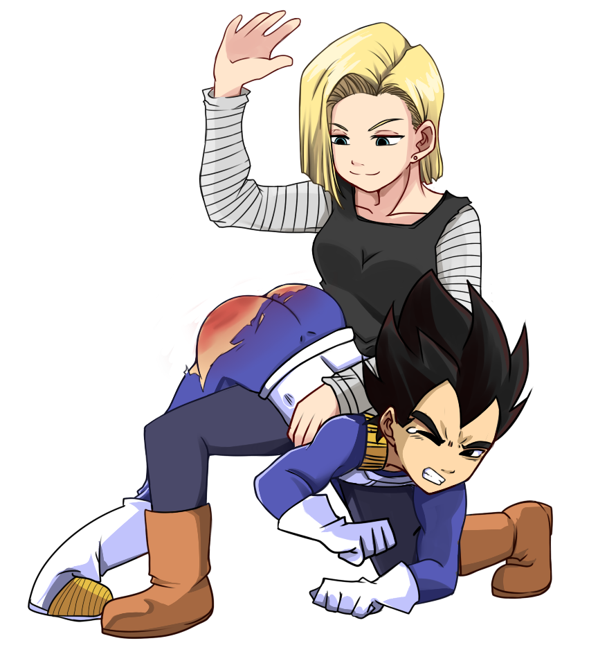 1boy 1girls adrienoir android_18 ass black_hair blonde_hair boots butt_crack domination dragon_ball dragon_ball_z exposed_ass female femdom handprint male malesub over_the_knee over_the_knee_spanking punishment punishment_spanking red_ass smile spanked spanking straight tears top-down_bottom-up torn_clothes torn_pants vegeta