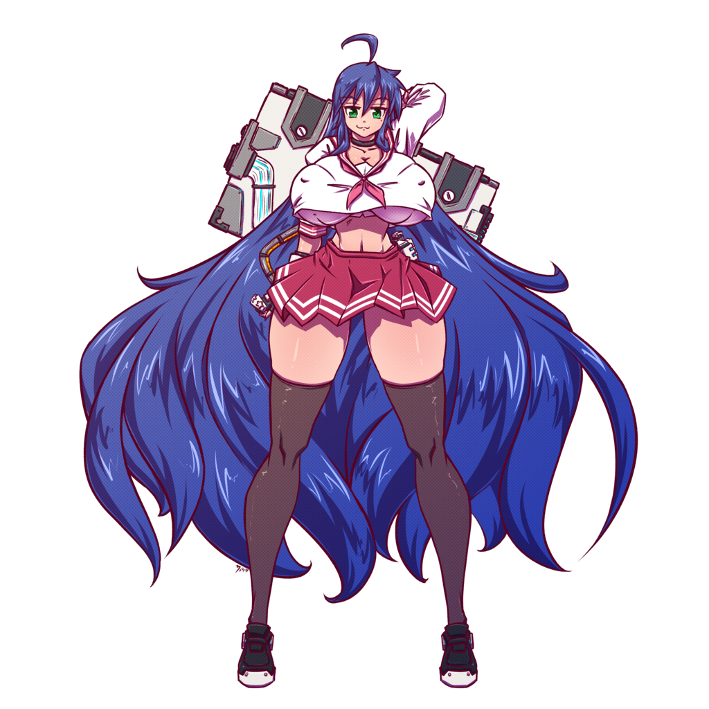 :3, 1girls, abs, ascot, big breasts, blue hair, bra, breasts, color, female, green eyes, hand behind head, huge breasts, konata izumi, large breasts, legs, looking at viewer, lucky star, n647, navel, nipple bulge, skirt, solo, stockings, thick thighs, transparent background, very long hair, wide stance