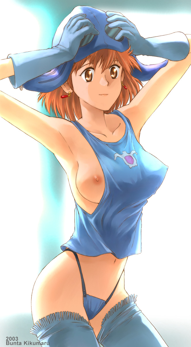 1girls 2003 breasts brown_hair curvaceous female hands_on_head human kikumaru_bunta large_breasts light-skinned_female light_skin nausicaa nausicaa_of_the_valley_of_the_wind nipple_bulge nipple_slip nipples panties princess short_hair solo studio_ghibli tagme tank_top wide_hips