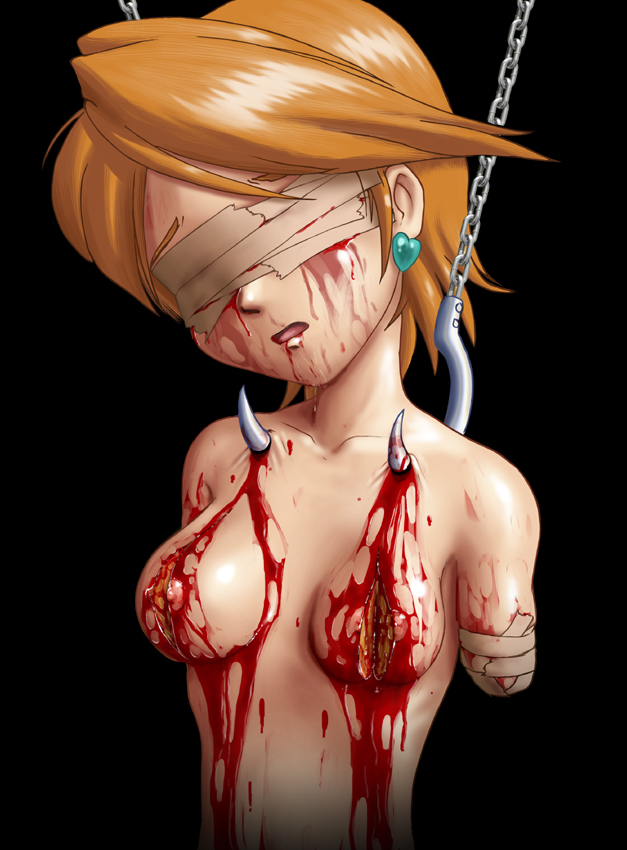 amputee bandage black_background blood breasts color cure_black female female_only gore guro hook human jewelry magical_girl misumi_nagisa pretty_cure short_hair simple_background small_breasts solo tears tsepesi uncensored