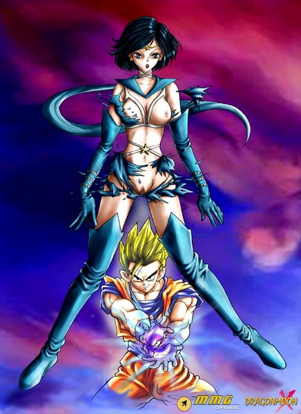 ami_mizuno bishoujo_senshi_sailor_moon crossover dragon_ball dragon_ball_z kamehameha mmario_grant mmg sailor_mercury son_gohan straight_hair tagme