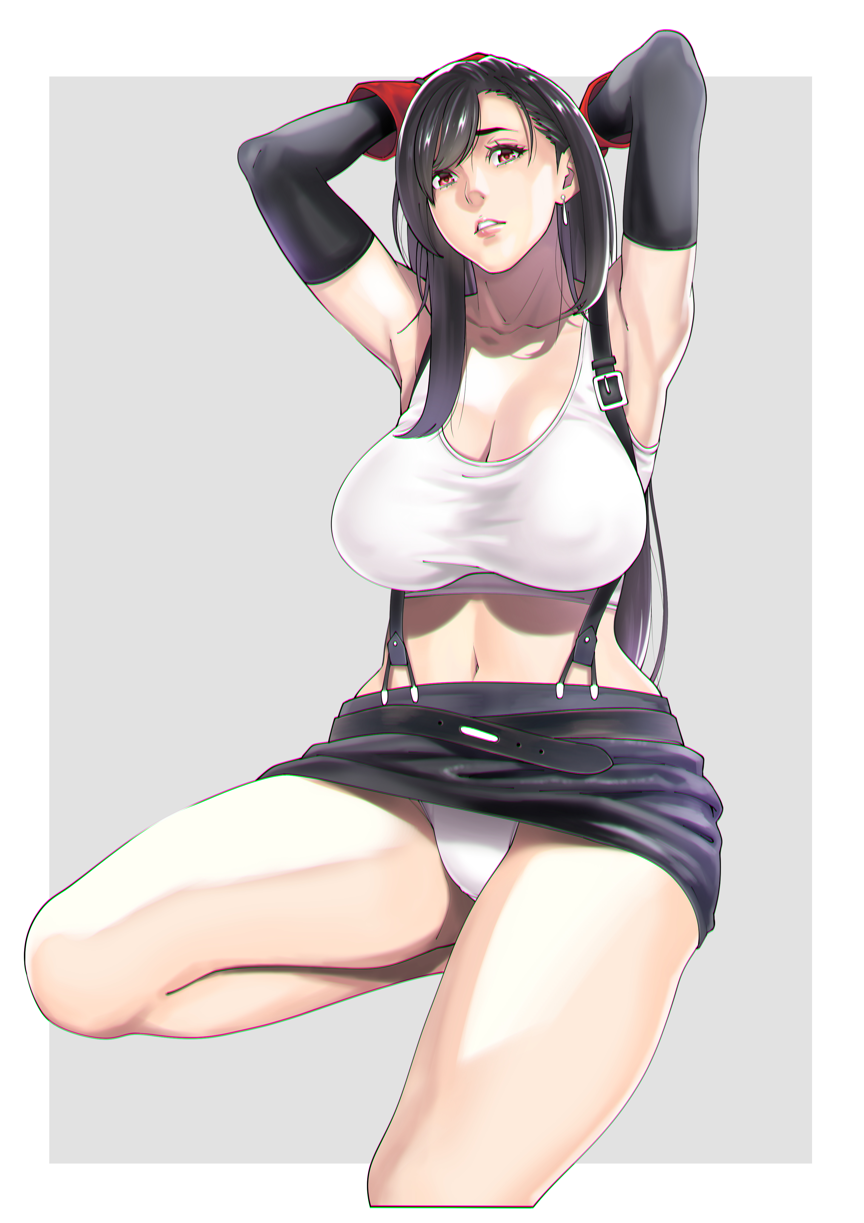 1girls, armpits, arms behind head, big breasts, black hair, breasts, busty, cleavage, clothes lift, female, female only, final fantasy, final fantasy vii, highres, large breasts, legs, long hair, looking at viewer, midriff, navel, panties, pantyshot, parted lips, pink lips, pose, posing, red eyes, sensual, sexy armpits, sitting, skirt, skirt lift, solo, square enix, suspenders, tank top, thighs, tifa lockhart, underwear, white panties