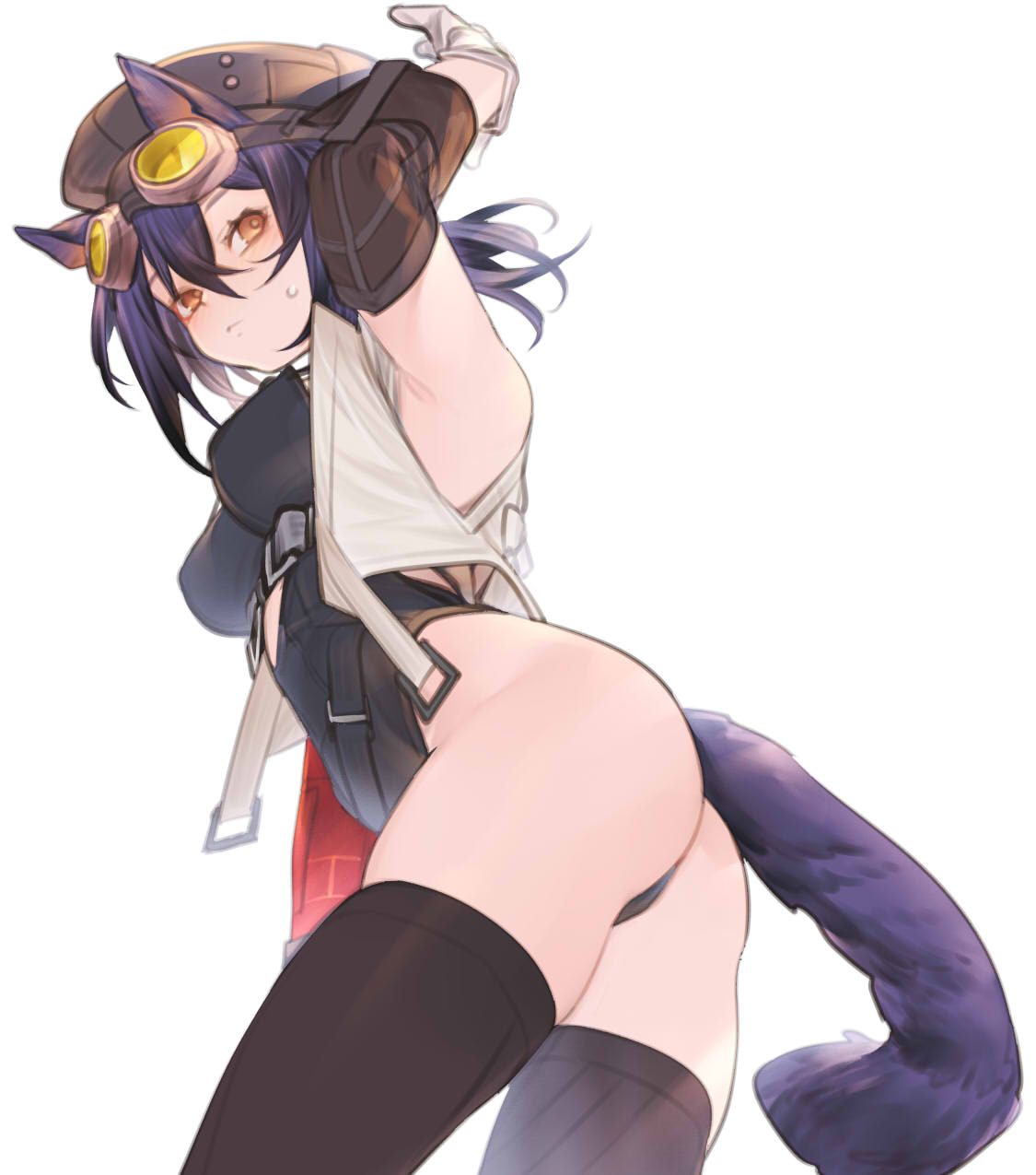 animal_ears arknights arm_up armpits ass black_leotard black_thighhighs blush breasts brown_headwear cat_ears cat_girl cat_tail closed_mouth detached_sleeves female female from_side gloves goggles goggles_on_head hat highres kochiya_(gothope) leotard long_sleeves looking_at_viewer looking_to_the_side medium_breasts orange_eyes purple_hair rockrock_(arknights) short_hair simple_background skindentation solo sweatdrop tail thighhighs white_background white_gloves