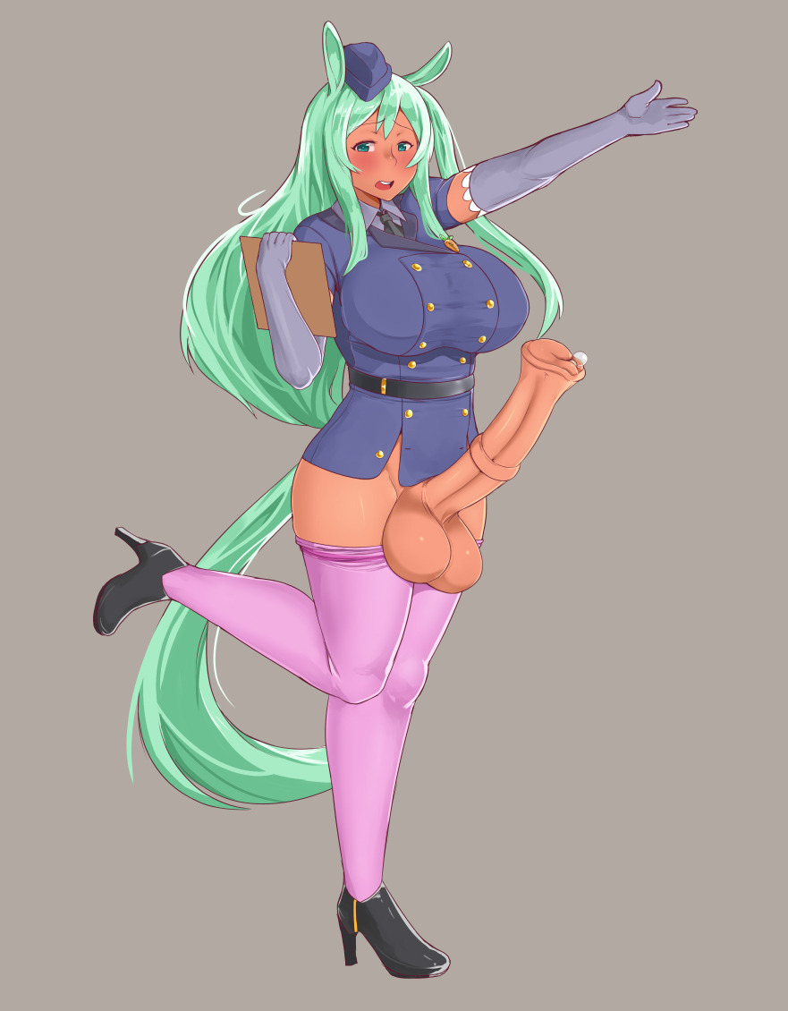 1futa, animal genitalia, animal genitalia on humanoid, animal penis, balls, blue eyes, bottomless, breasts, curvy, elbow gloves, equine penis, erection, futa only, futanari, gaikiken, gloves, green hair, hat, high heels, horse, horsecock, horsecock on humanoid, huge breasts, hyper, hyper balls, hyper penis, intersex, ishtar femi (gaikiken), kemonomimi, medial ring, necktie, penis, precum, solo, solo futa, tail, uniform