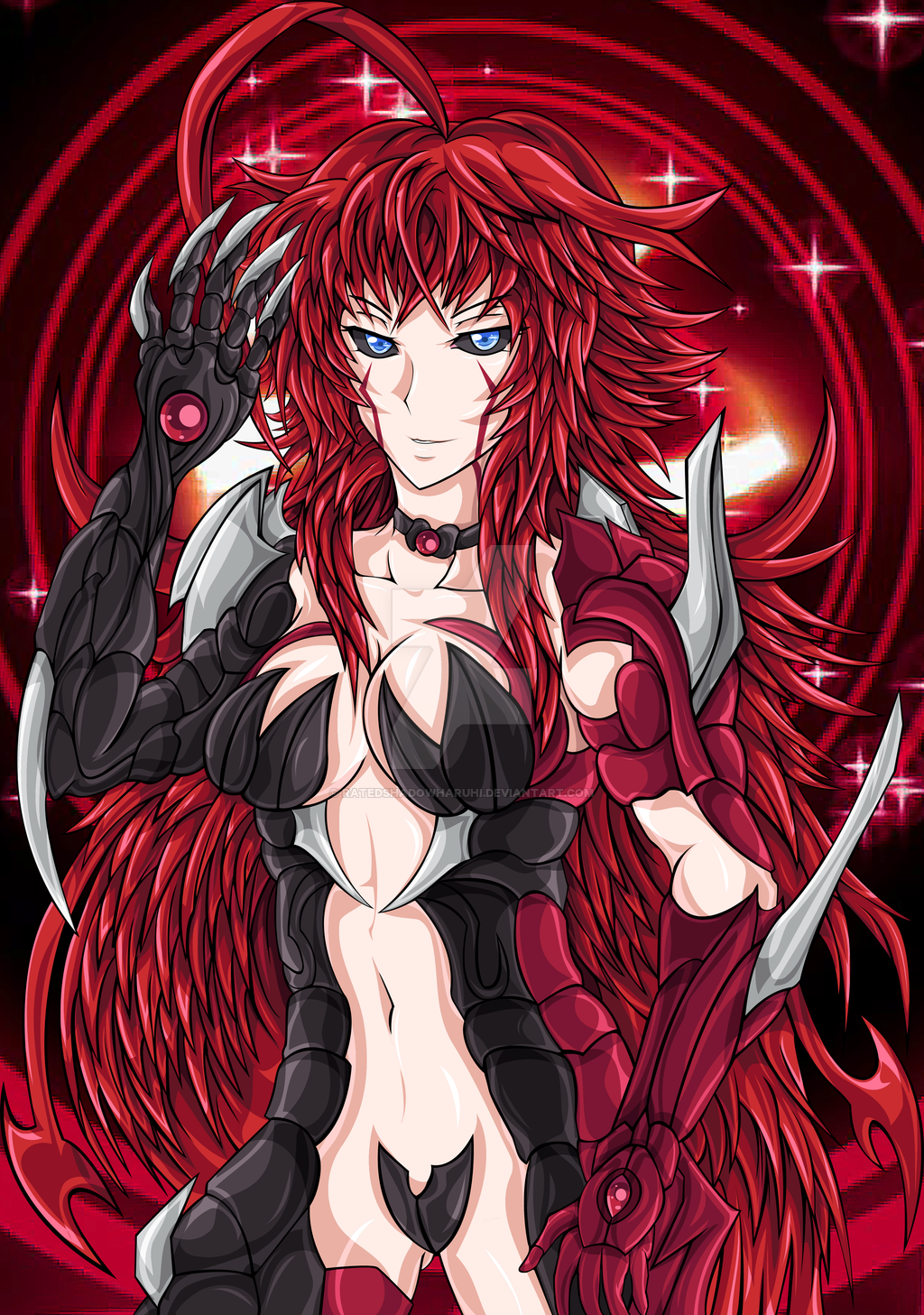 blue_eyes breasts claws commentary crossover dark_sclera female high_school_dxd highres large_breasts ratedshadowharuhi red_hair rias_gremory smile solo_focus witchblade witchblade_(cosplay)