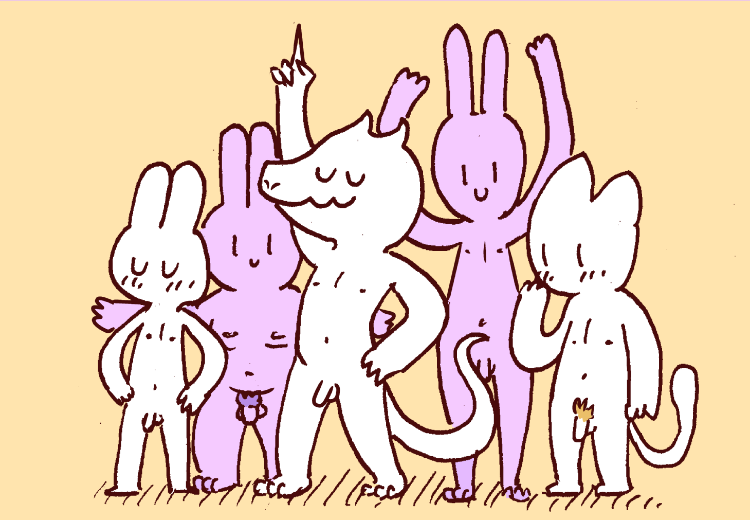 anthro balls blush cat-boots feline flaccid group humanoid_penis lagomorph lizard male mammal navel nipples nude penis pubes rabbit reptile scalie simple_background standing uncut vertical_bar_eyes yaoi