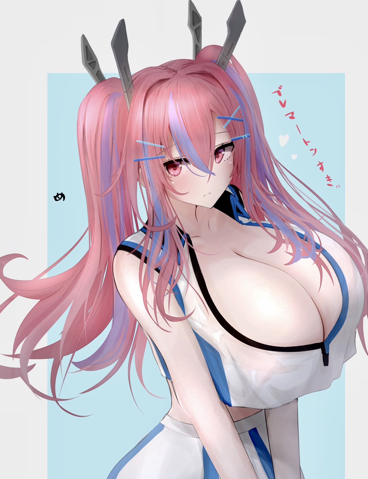 azur lane, blue hair, breasts, bremerton (azur lane), bremerton (scorching-hot training) (azur lane), cleavage, crop top, crop top overhang, female, hair between eyes, hair ornament, highres, huge breasts, japanese text, long hair, metae, multicolored hair, no mole, official alternate costume, pink eyes, pink hair, shirt, simple background, skirt, sleeveless, sleeveless shirt, solo, sportswear, streaked hair, tennis uniform, text, translated, twintails, two-tone background, two-tone hair, two-tone shirt, two-tone skirt, v arms, white shirt, white skirt, x hair ornament